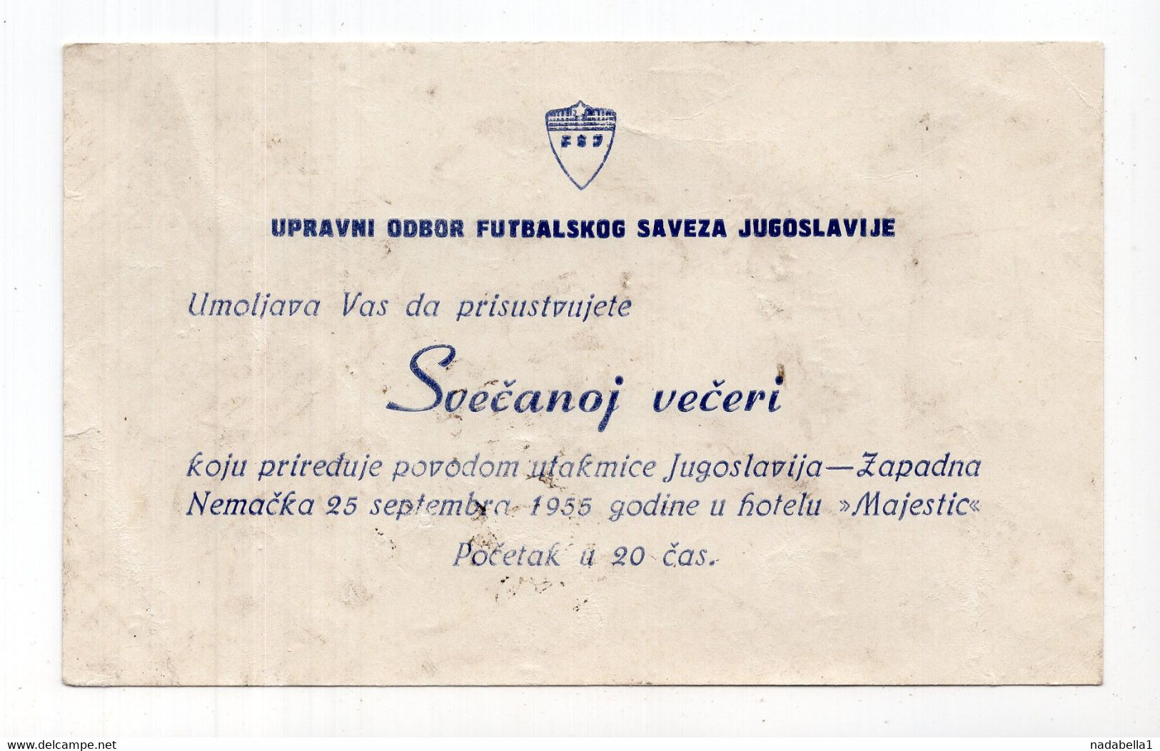 25.09.1955. YUGOSLAVIA,BELGRADE,DINNER INVITATION,INTERNATIONAL FOOTBALL MATCH YUGOSLAVIA - WEST GERMANY - Otros & Sin Clasificación