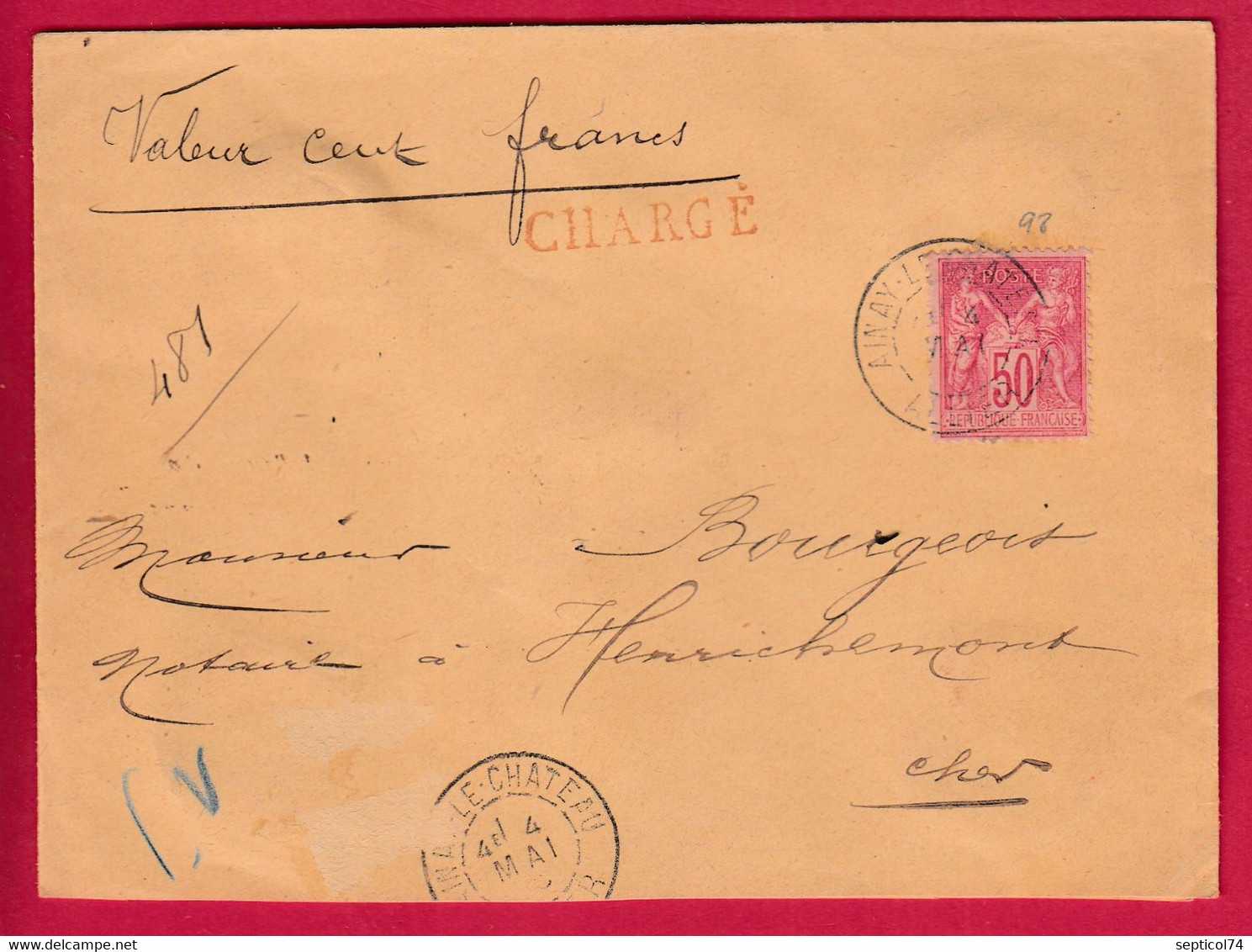 N°98 AINAY LE CHATEAU ALLIER LETTRE CHARGE POUR HENRICHEMONT CHER 1895  COVER - 1877-1920: Periodo Semi Moderno