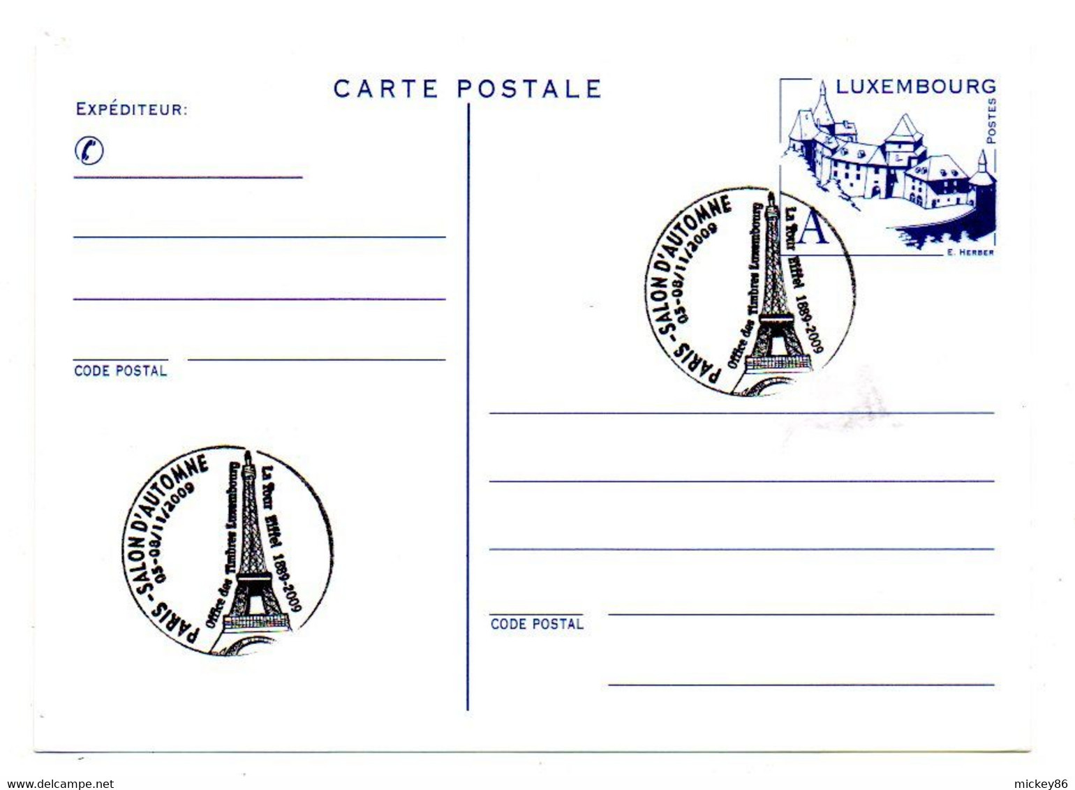Luxembourg--entier Carte Postale   ..cachet PARIS -Salon D'automne  2009 --Tour Eiffel......... - Interi Postali