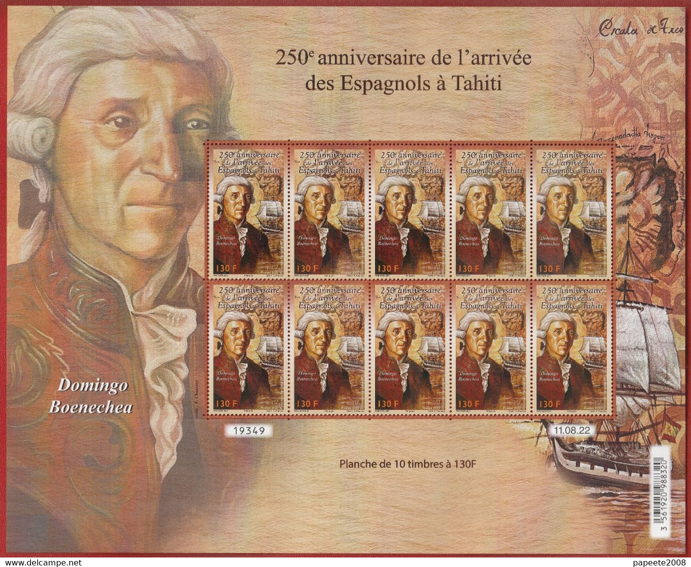 Polynésie Française / Tahiti - Planche De 10 Timbres Neufs 130 F / 11-08-2022 / Arrivée Des Espagnols à Tahiti - Neufs