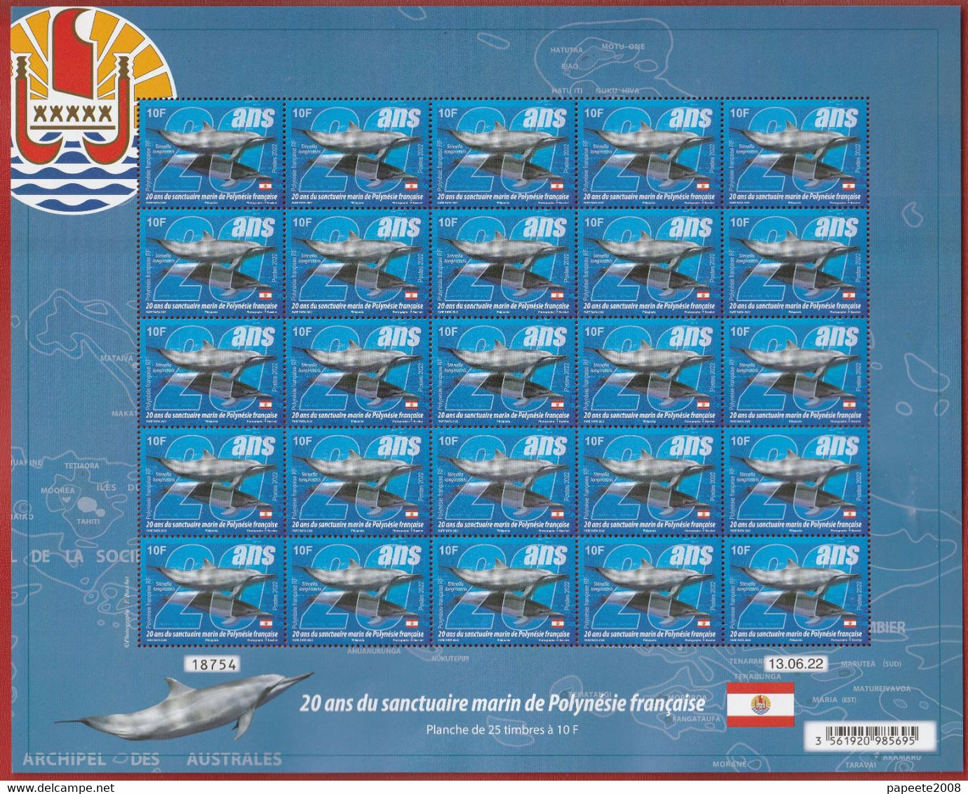 Polynésie Française / Tahiti - Planche De 25 Timbres Neufs à 10 F / 13-06-2022 / Sanctuaire Marin - Neufs