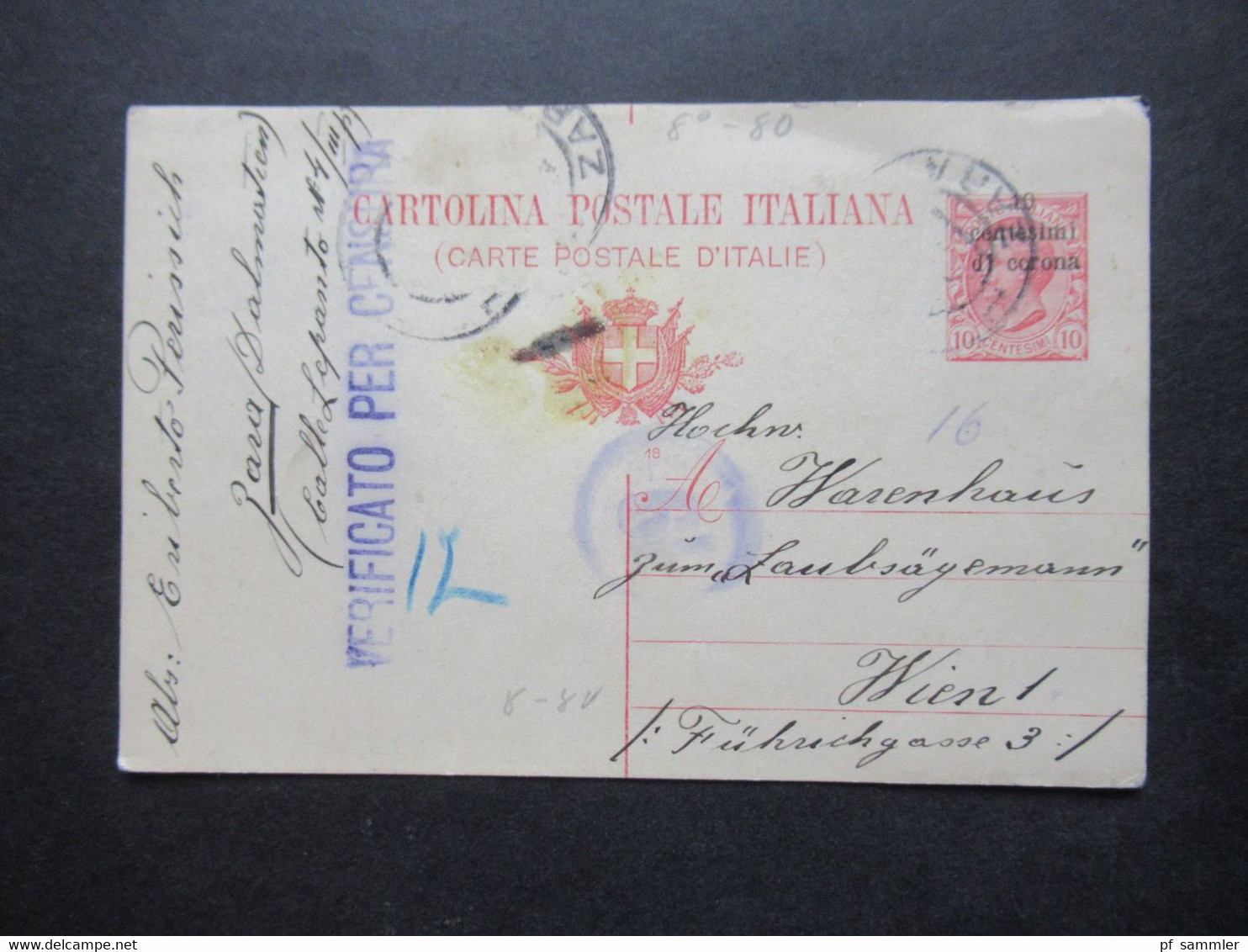 Italien 1919 GA Mit Aufdruck 10 Centesimi Die Corona Ausgabe Für Julisch-Venetien Usw. P 8 Mit Zensurstempel Nach Wien - Entero Postal