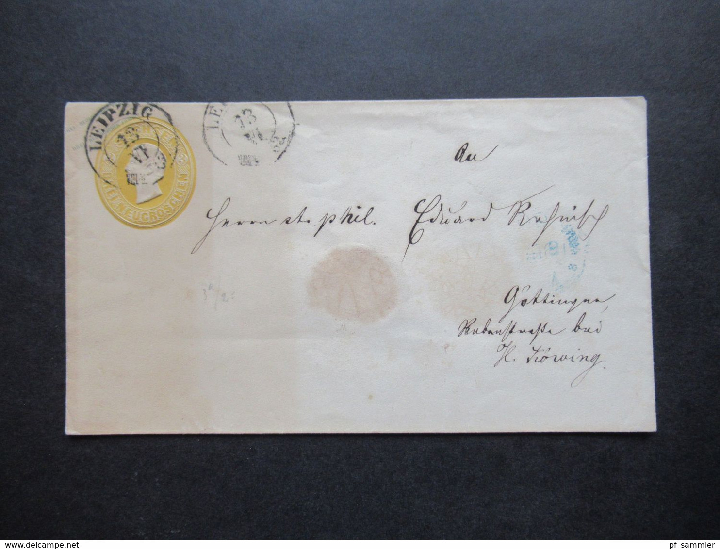 AD Sachsen Um 1859 GA Umschlag U3 A 2x Stempel K2 Leipzig Nach Göttingen Rückseitig Blauer Ank. Stempel - Saxe