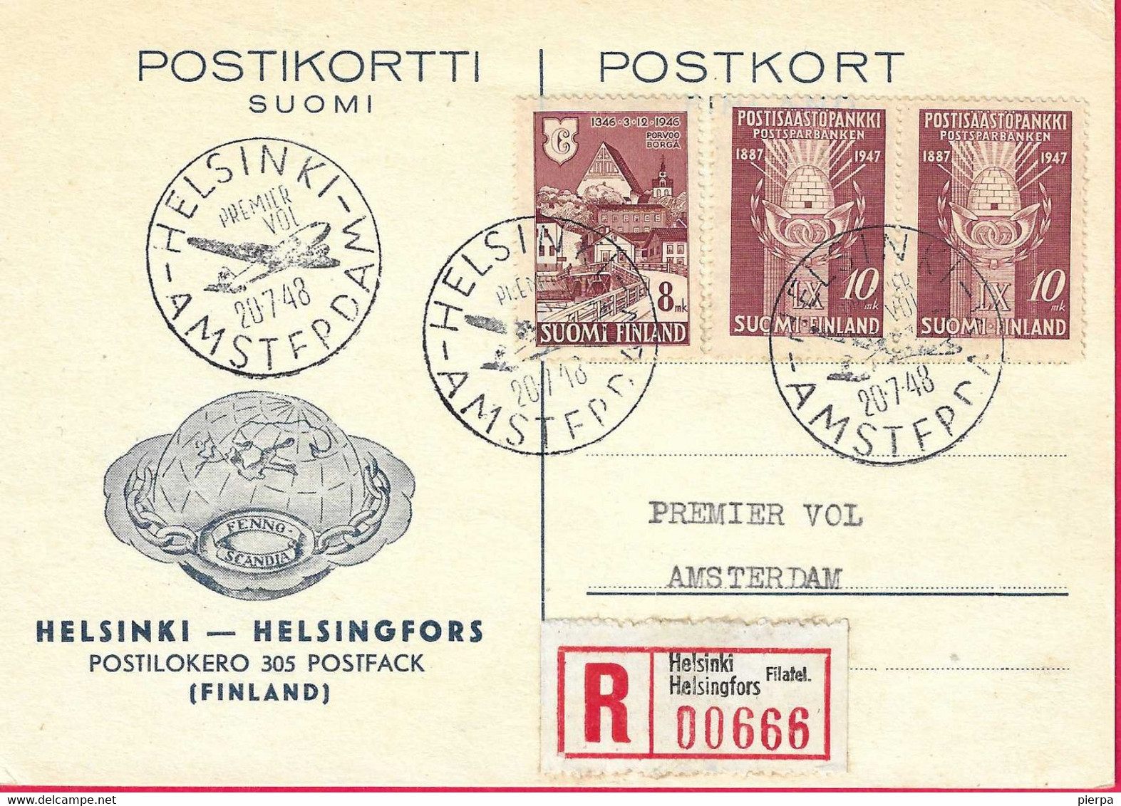 FINLANDIA - 1948 - FIRST FLIGHT HELSINKI/AMSTERDAM * 20.7.48*SU CARTOLINA RACCOMANDATA - Cartas & Documentos