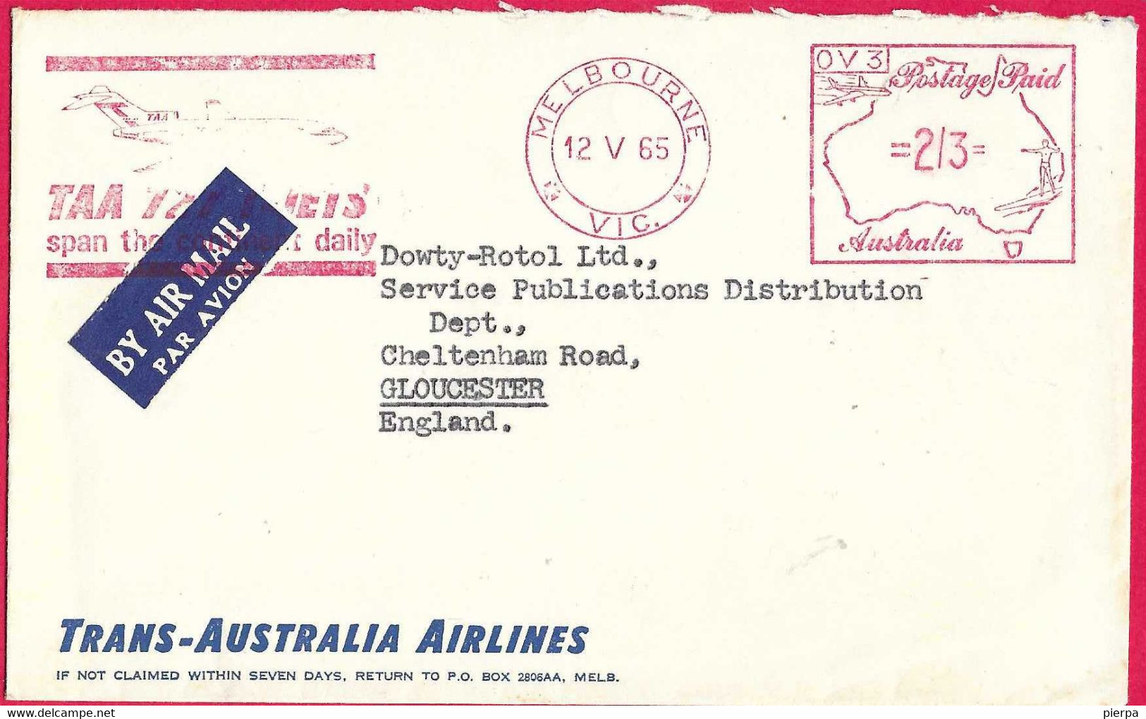 AUSTRALIA - 1965 - AFFRANCATURA MECCANICA ROSSA -TAA -  MELBOURNE*12.V.65* PER GLOUCESTER - SU BUSTA INTESTATA TAA - Storia Postale