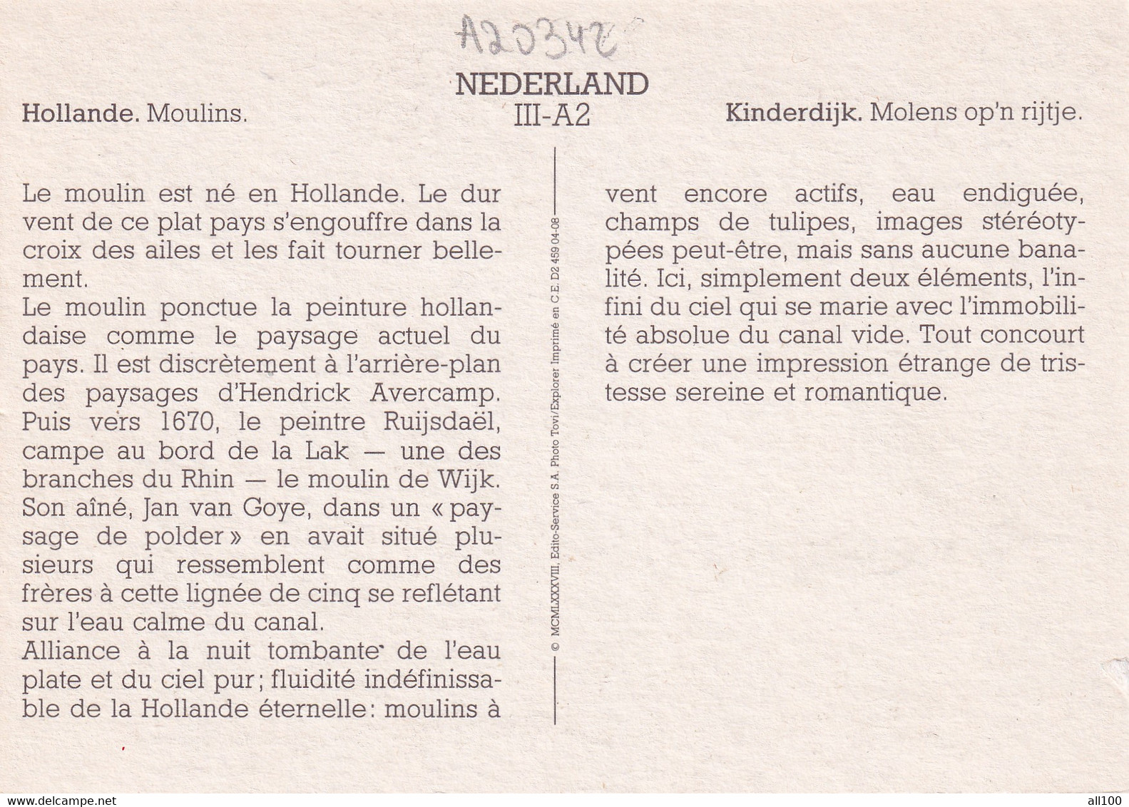 A20342 - KINDERDIJK MOLENS OP'N RIJTJE MOULINS WINDMILLS NEDERLAND HOLLANDE THE NETHERLANDS - Kinderdijk