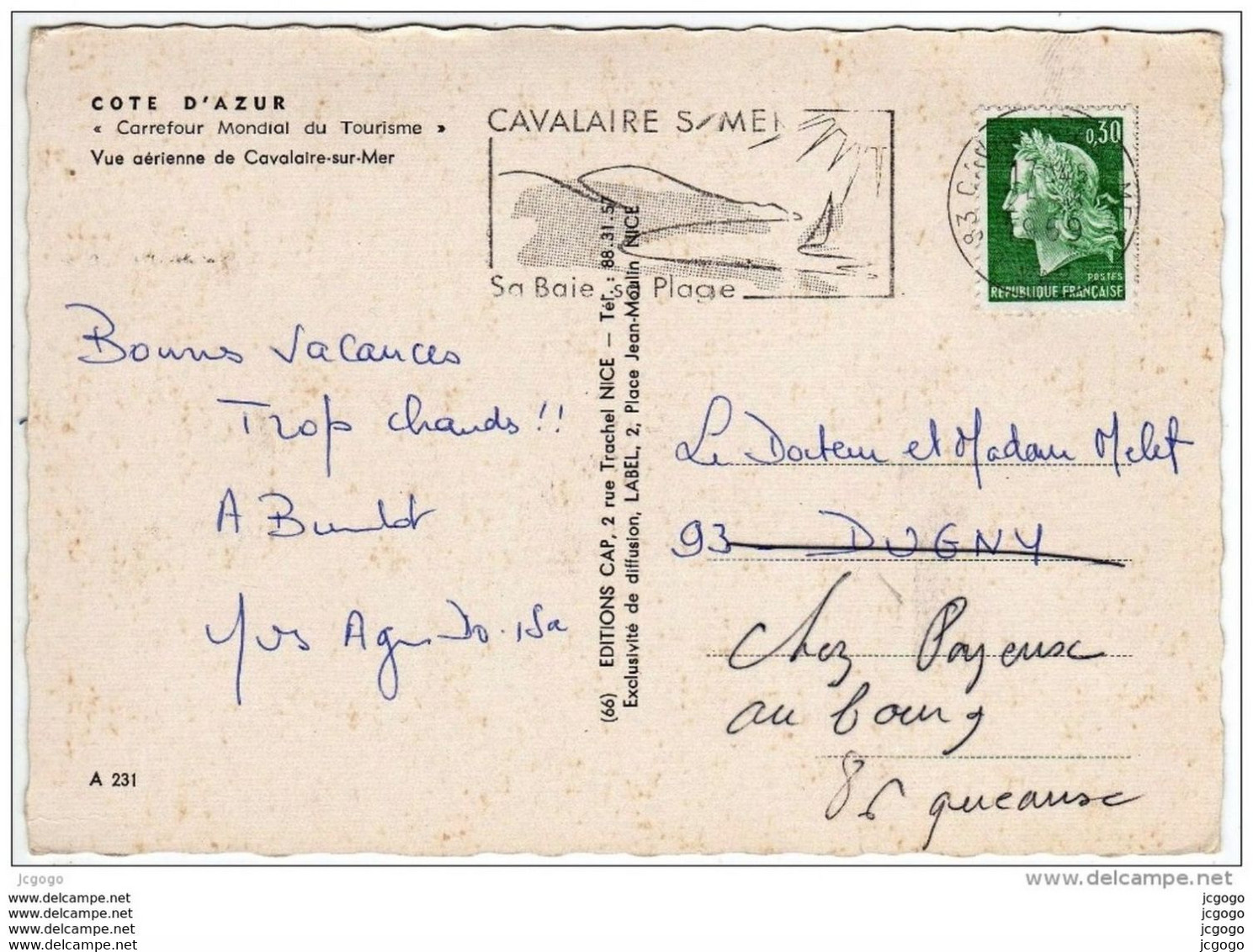 CAVALAIRE-SUR-MER - Vue Aérienne  Carte écrite En 1969.  2 Scans  TBE - Cavalaire-sur-Mer