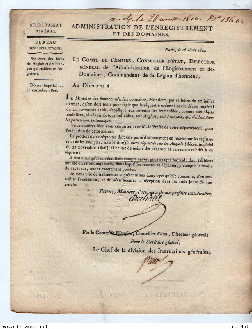 VP20.806 - Napoléon 1er - PARIS 1810 - Lettre De L'Admistration De L'Enregistrement / Séquestre Des Biens Des Anglais .. - Decreti & Leggi