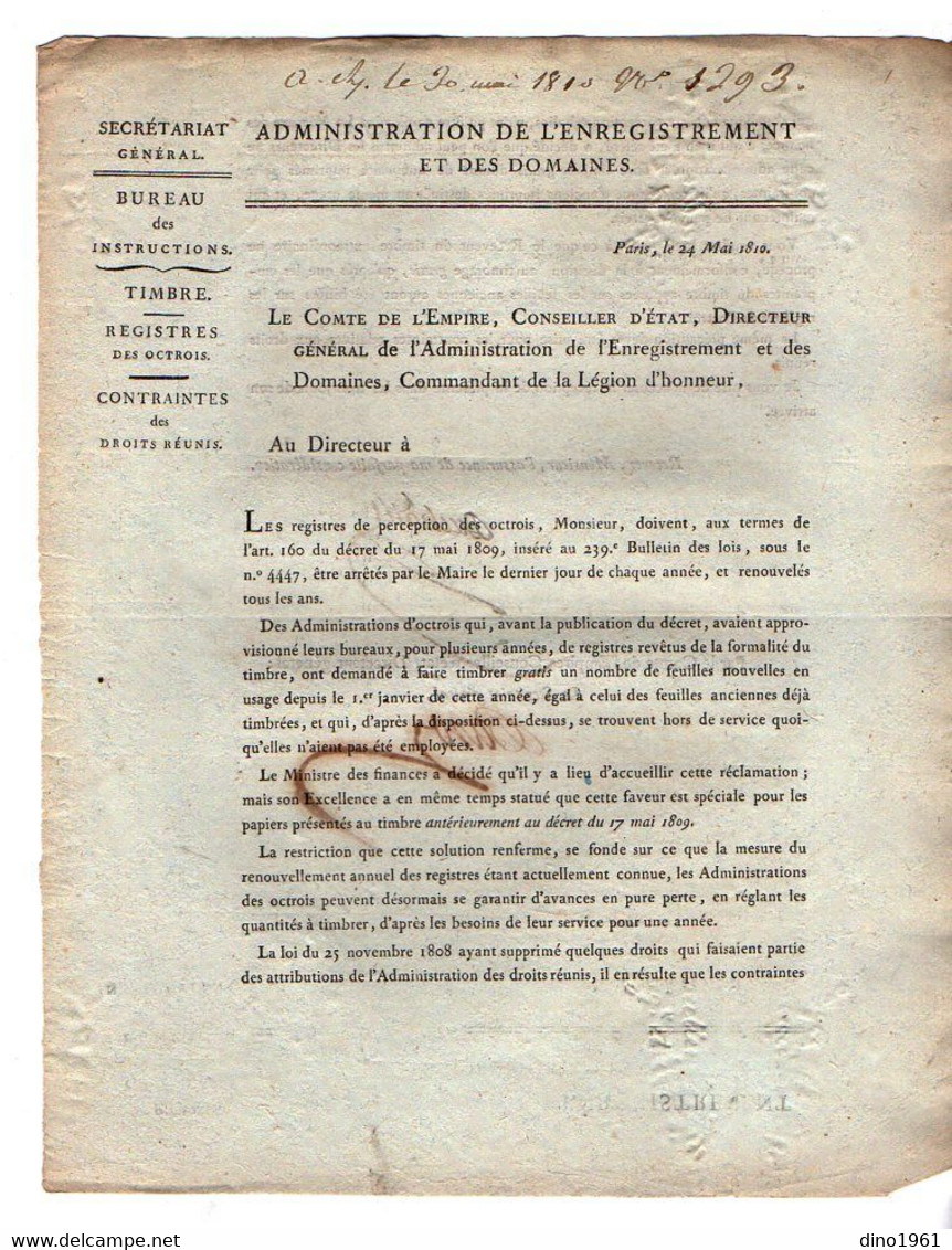 VP20.809 - Napoléon 1er - PARIS 1810 - Lettre De L'Admistration De L'Enregistrement / Timbres / Registres Des Octrois - Decreti & Leggi