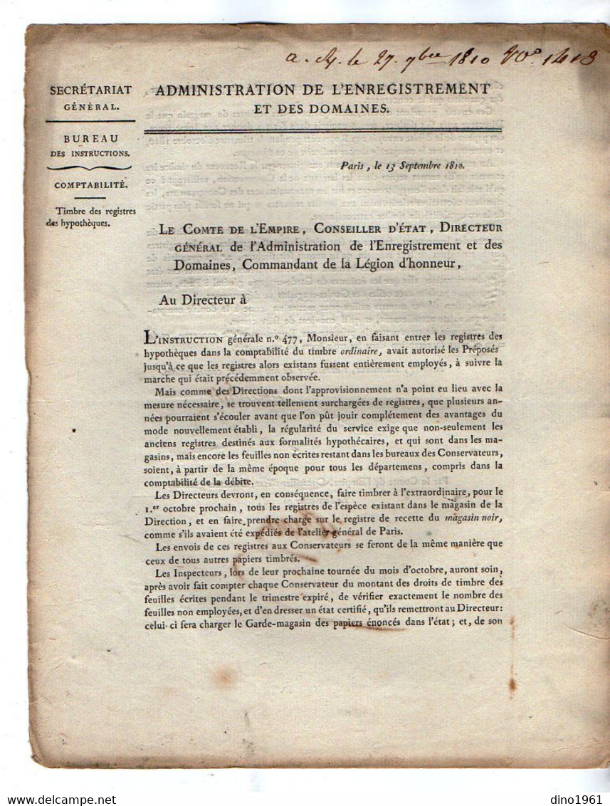 VP20.810 - Napoléon 1er - PARIS 1810 - Lettre De L'Admistration De L'Enregistrement / Timbres Des Registres Hypothèques - Décrets & Lois