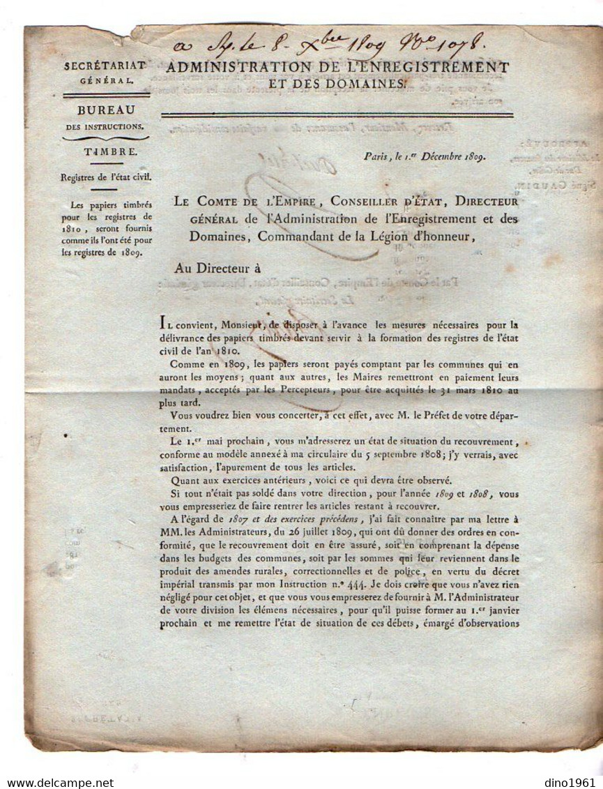 VP20.811 - Napoléon 1er - PARIS 1809 - Lettre De L'Admistration De L'Enregistrement / Timbre Registres De L'Etat Civil - Decrees & Laws