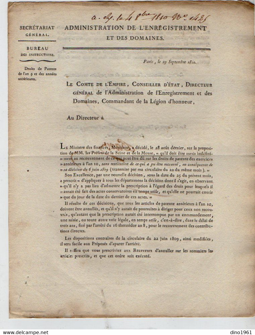 VP20.813 - Napoléon 1er - PARIS 1810 - Lettre De L'Admistration De L'Enregistrement / Droits De Patentes De L'An 9 ... - Decrees & Laws