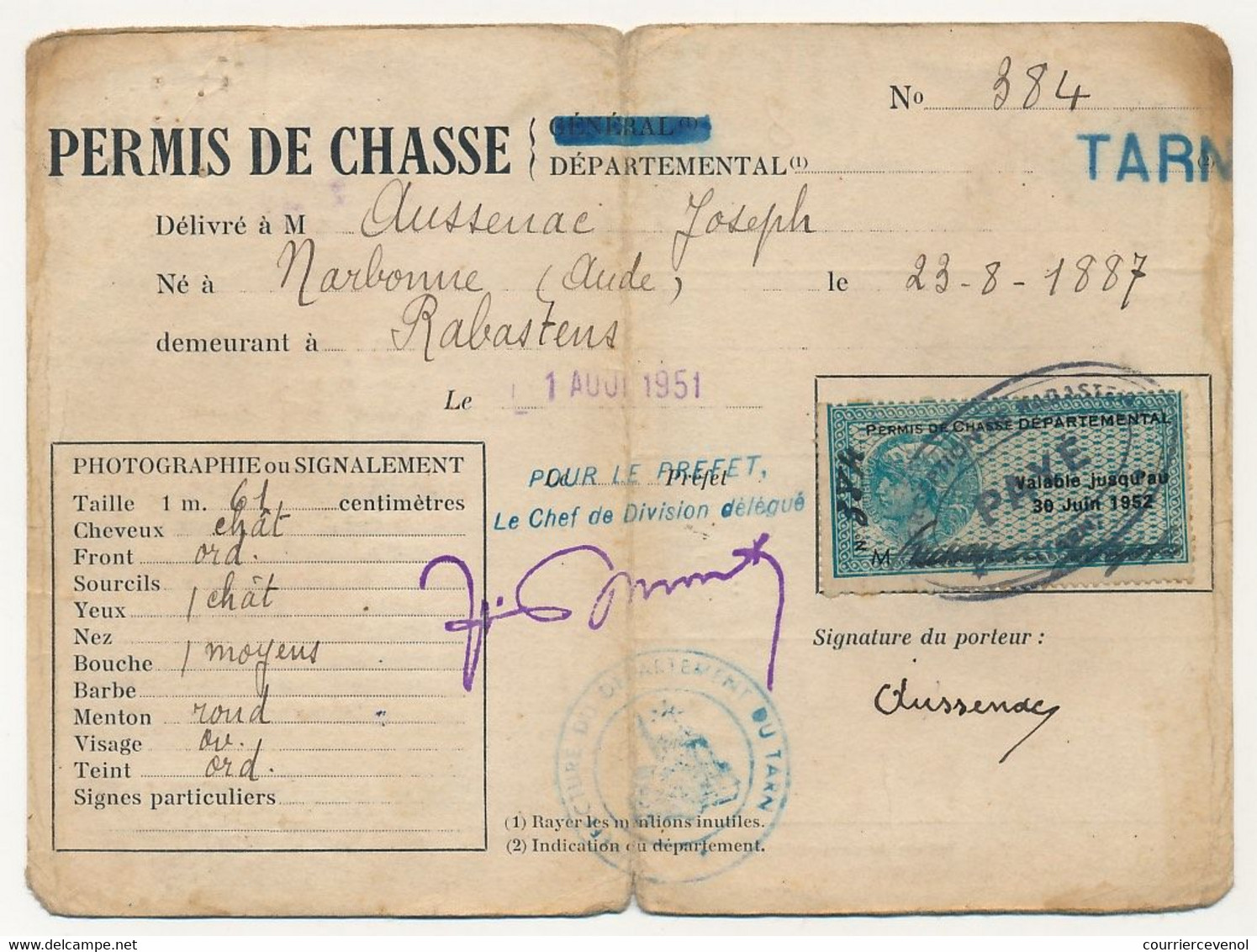 FRANCE - Permis Départemental De Chasse (TARN) - 5 Fiscaux 1953 Bleu / 1954, 1955, 1956 Vert - Autres & Non Classés