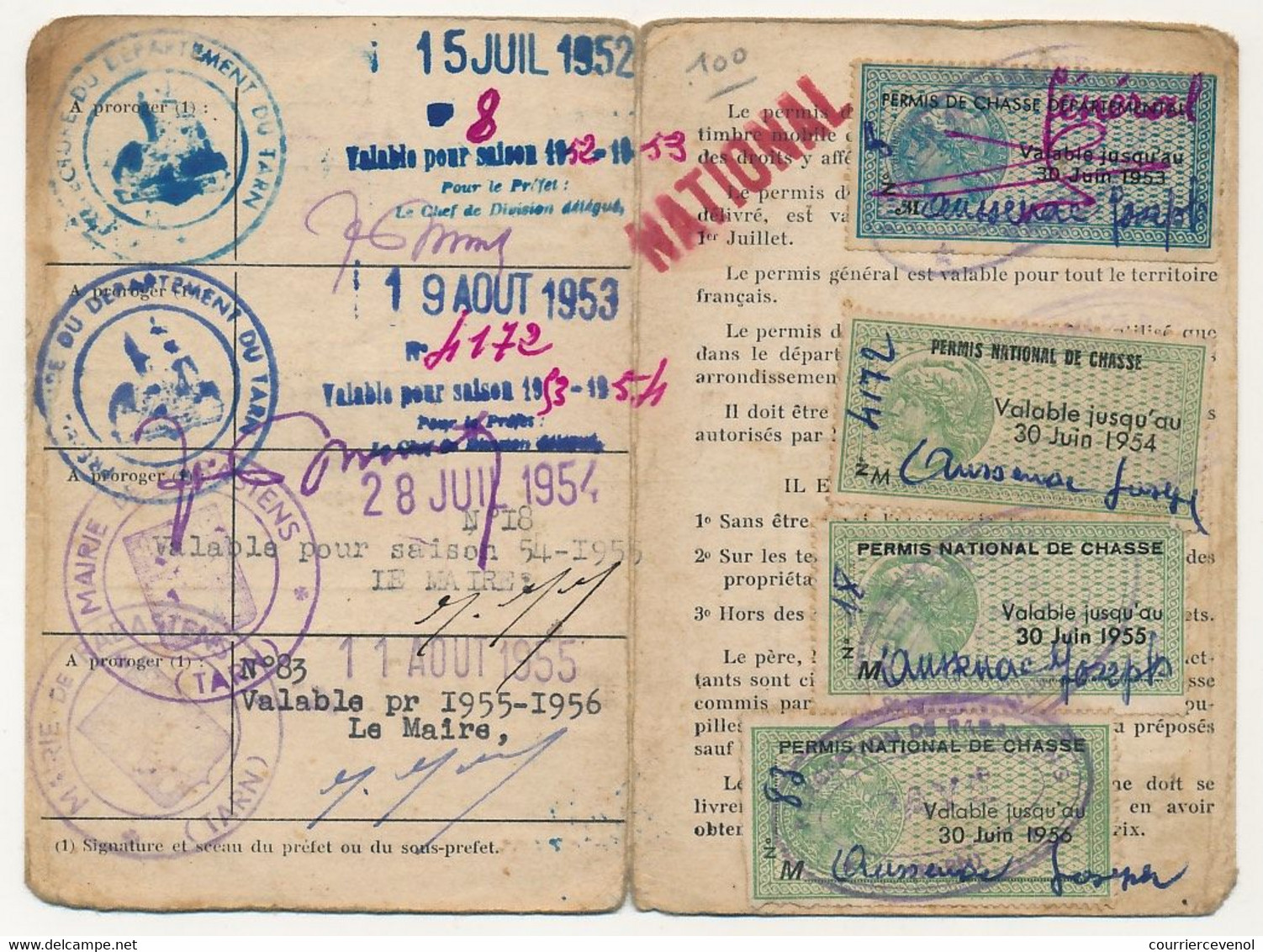 FRANCE - Permis Départemental De Chasse (TARN) - 5 Fiscaux 1953 Bleu / 1954, 1955, 1956 Vert - Sonstige & Ohne Zuordnung