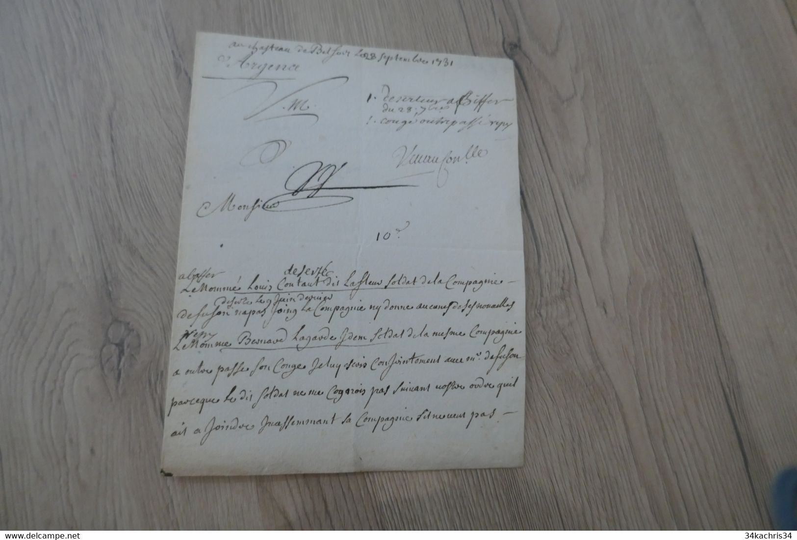 Pièce Signée D'ARGENCE 1731 Rapport  Désertion De Soldats Belfort - Documenten