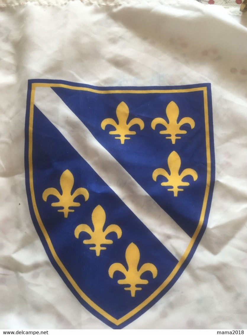 écusson  Bleu  _blanc _ Jaune   6 Fleurs De Lys  __  Drapeau Blanc  70 Cm  X 40 Cm - Banderas