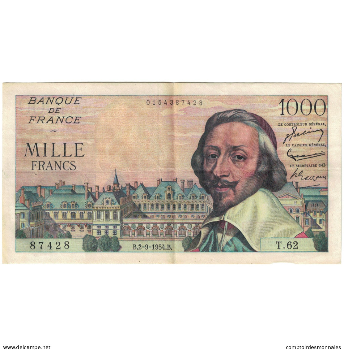 France, 1000 Francs, Richelieu, 1954, 87428 T.62, SUP, Fayette:42.7, KM:134a - 1 000 F 1953-1957 ''Richelieu''