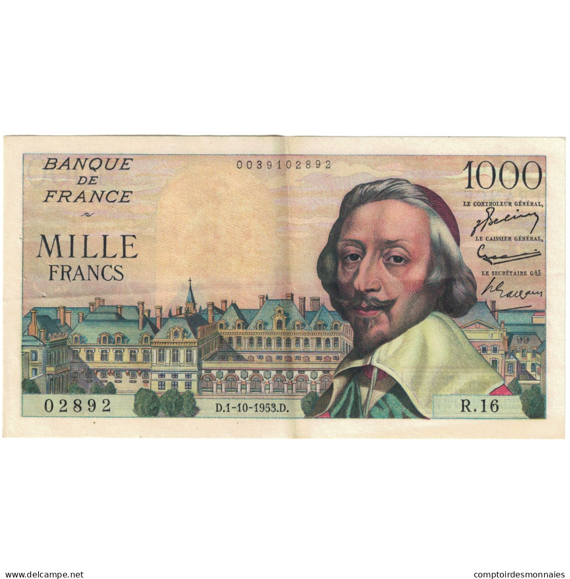 France, 1000 Francs, Richelieu, 1953, 02892 R.16, SUP, Fayette:42.3, KM:134a - 1 000 F 1953-1957 ''Richelieu''