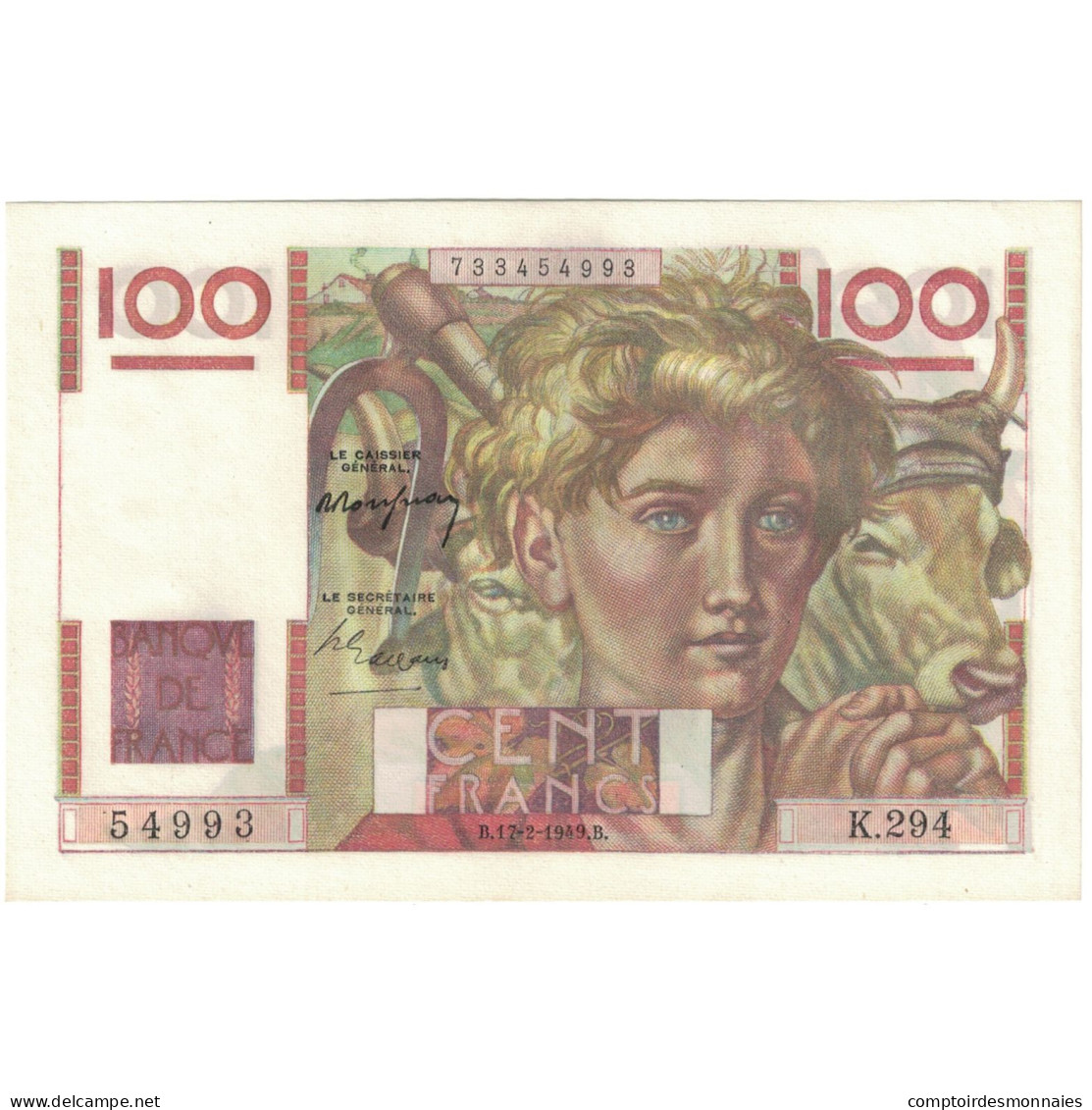 France, 100 Francs, Jeune Paysan, 1949, 54993 K.294, NEUF, Fayette:28.22 - 100 F 1945-1954 ''Jeune Paysan''