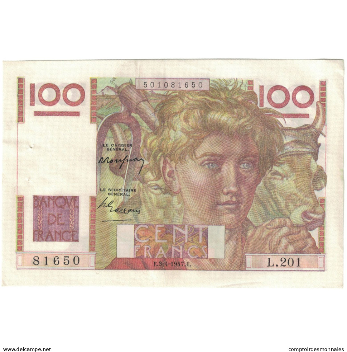 France, 100 Francs, Jeune Paysan, 1947, 81650 L.201, SPL, KM:128b - 100 F 1945-1954 ''Jeune Paysan''