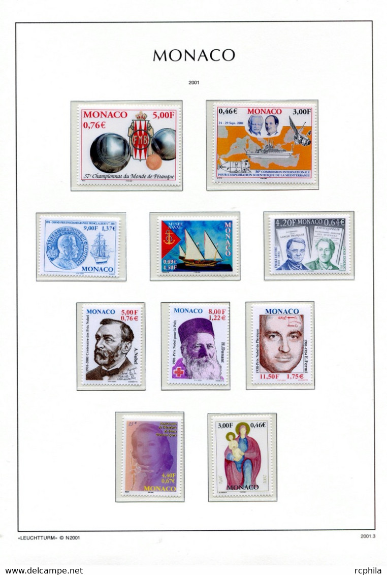 RC 24031 MONACO TIMBRES ÉMIS EN 2001 A LA VALEUR FACIALE SUR FEUILLES LEUCHTTURM NEUF ** MNH TB - Ungebraucht