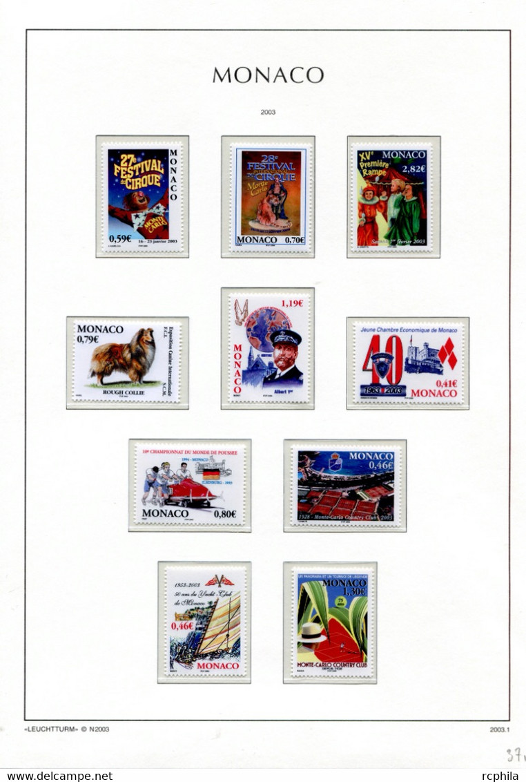 RC 24033 MONACO TIMBRES ÉMIS EN 2003 A LA VALEUR FACIALE SUR FEUILLES LEUCHTTURM NEUF ** MNH TB - Ungebraucht