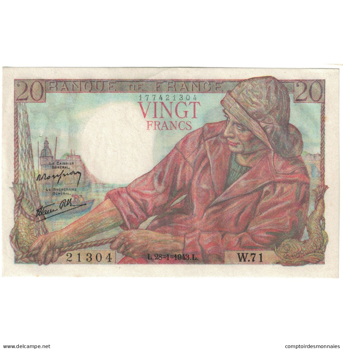 France, 20 Francs, Pêcheur, 1943, 21304 W.71, NEUF, Fayette:13.5, KM:100a - 20 F 1942-1950 ''Pêcheur''