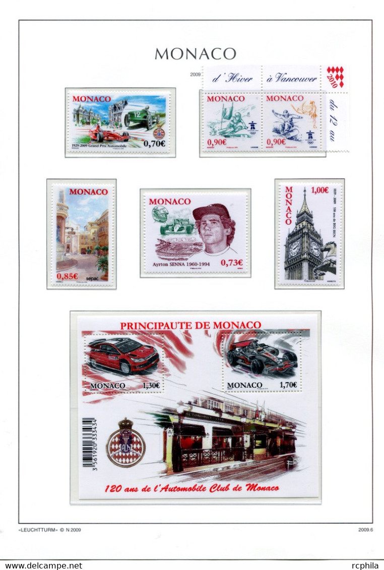 RC 24039 MONACO TIMBRES ÉMIS EN 2009 A LA VALEUR FACIALE SUR FEUILLES LEUCHTTURM NEUF ** MNH TB