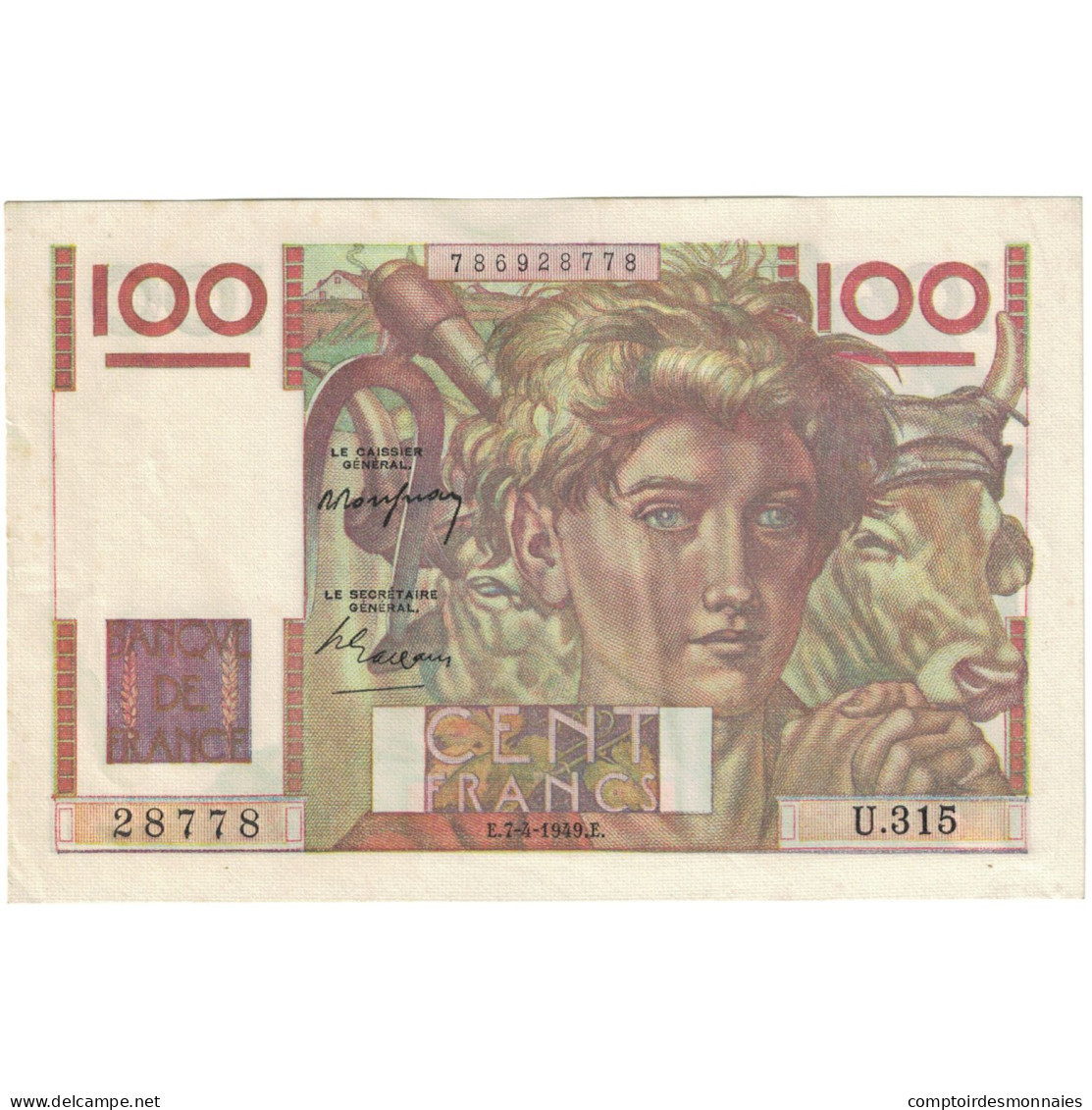 France, 100 Francs, Jeune Paysan, 1949, 28778 U.315, SUP+, Fayette:28.23 - 100 F 1945-1954 ''Jeune Paysan''