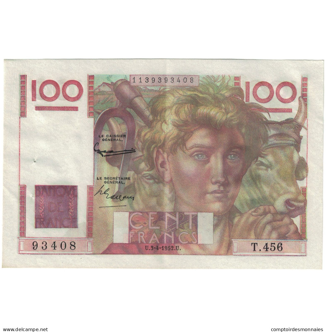 France, 100 Francs, Jeune Paysan, 1952, 93408 T.456, SPL, Fayette:28.32, KM:128d - 100 F 1945-1954 ''Jeune Paysan''