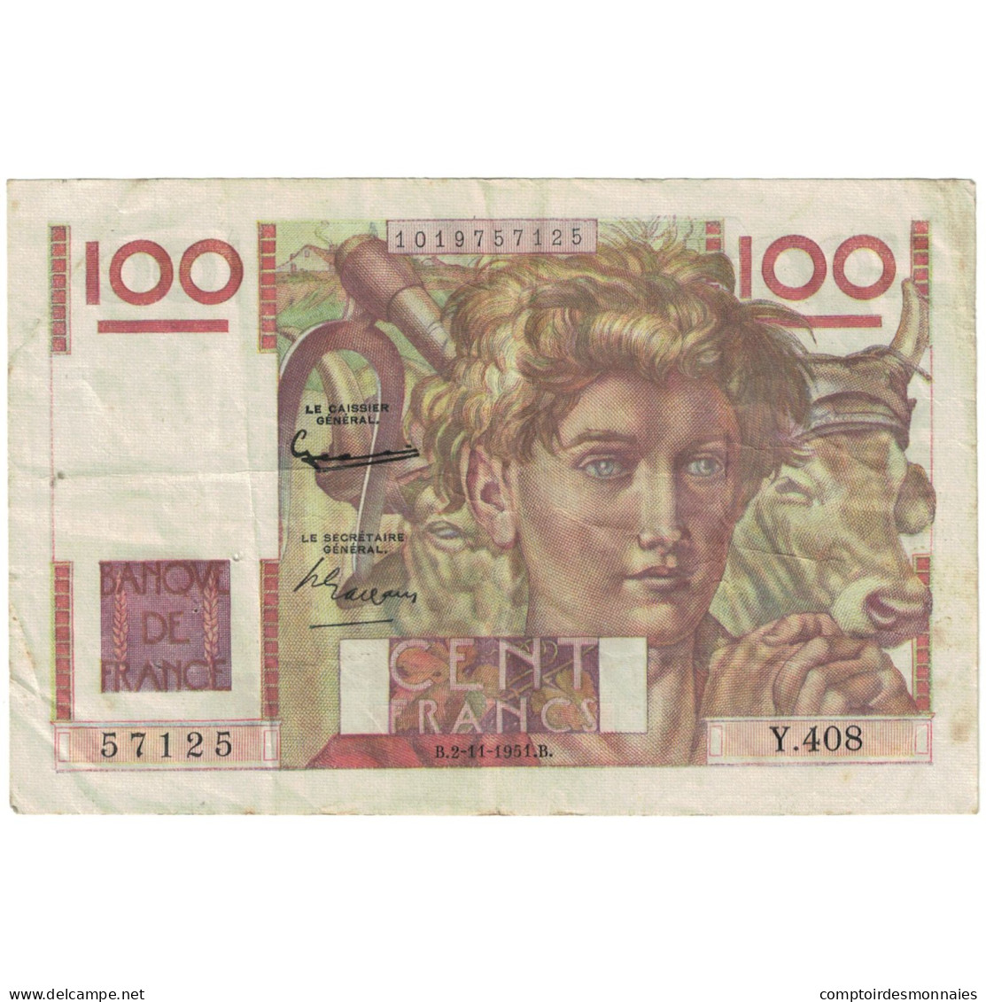 France, 100 Francs, Jeune Paysan, 57125 Y.408, TTB, Fayette:28.30, KM:128d - 100 F 1945-1954 ''Jeune Paysan''