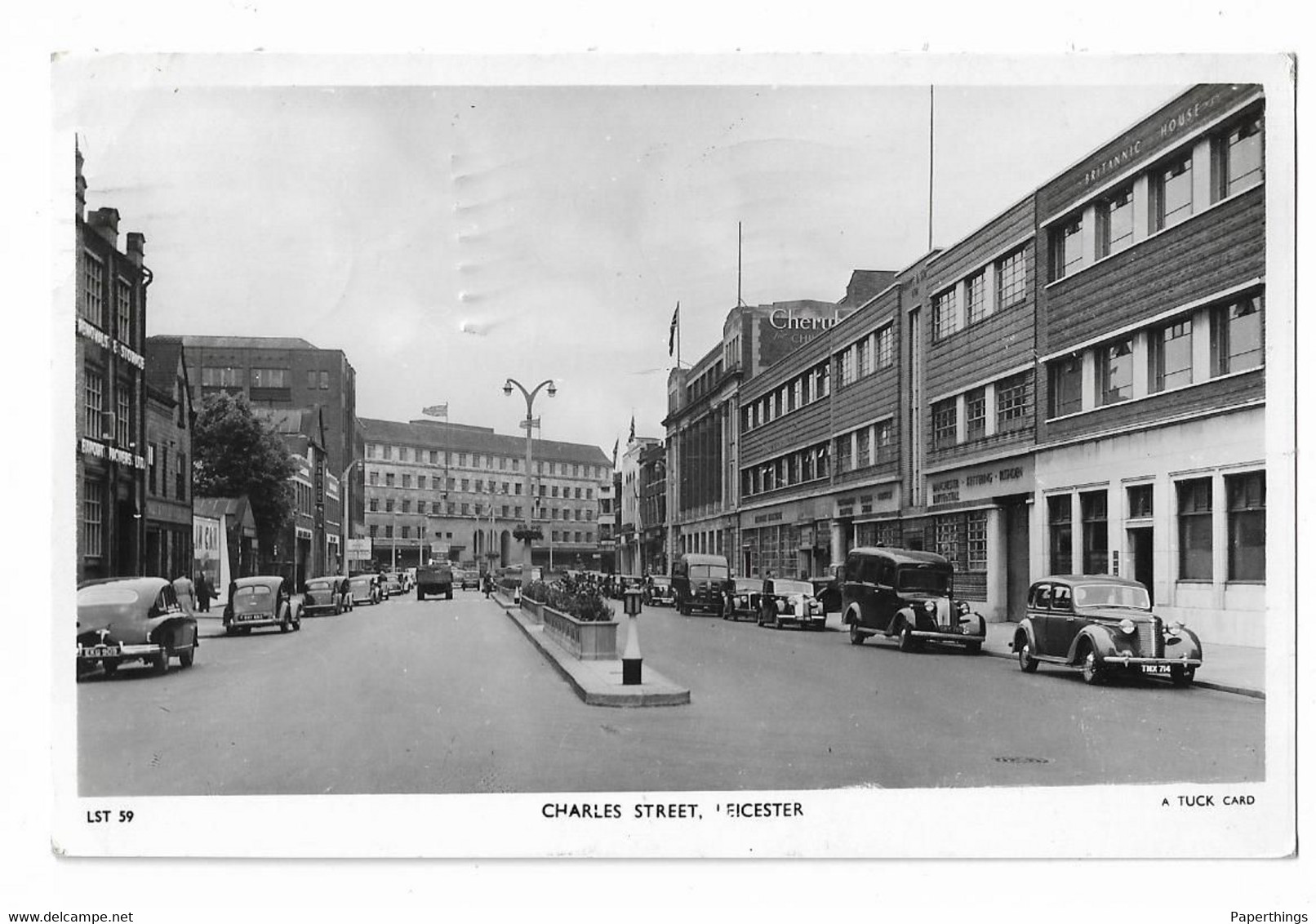 Real Photo Postcard, Leicester, Charles Street, Road, Shops, Old Cars. - Leicester