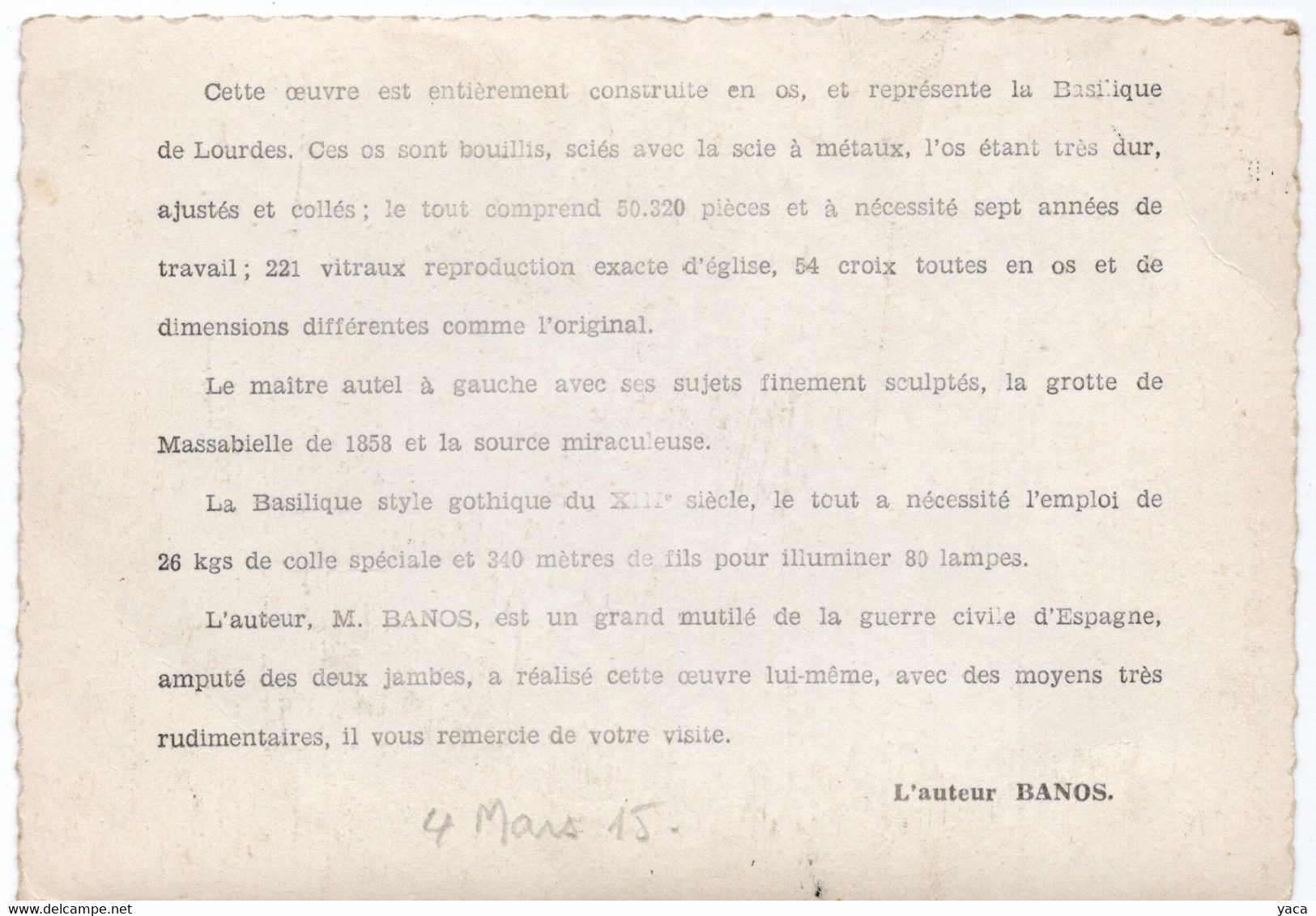 Basilique De Lourdes Modéle Réduit En OS  7 ANS DE TRAVAIL Réalisé  Par M .Banos Mutilé De Guerre Amputé De 2 Jambes - Autres & Non Classés