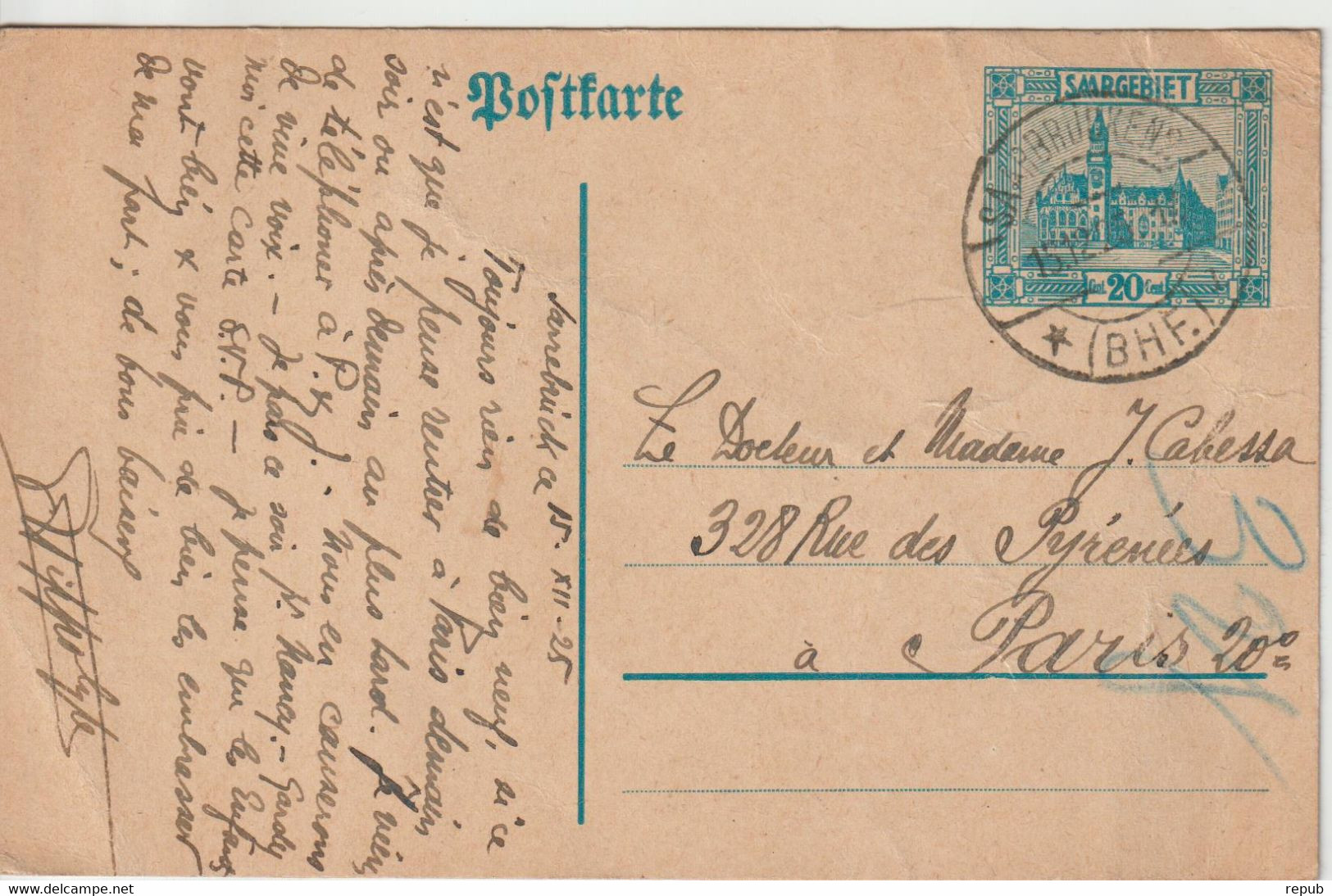 Sarre 1931 Entier Oblit Sarrebruck Pour La France - Entiers Postaux