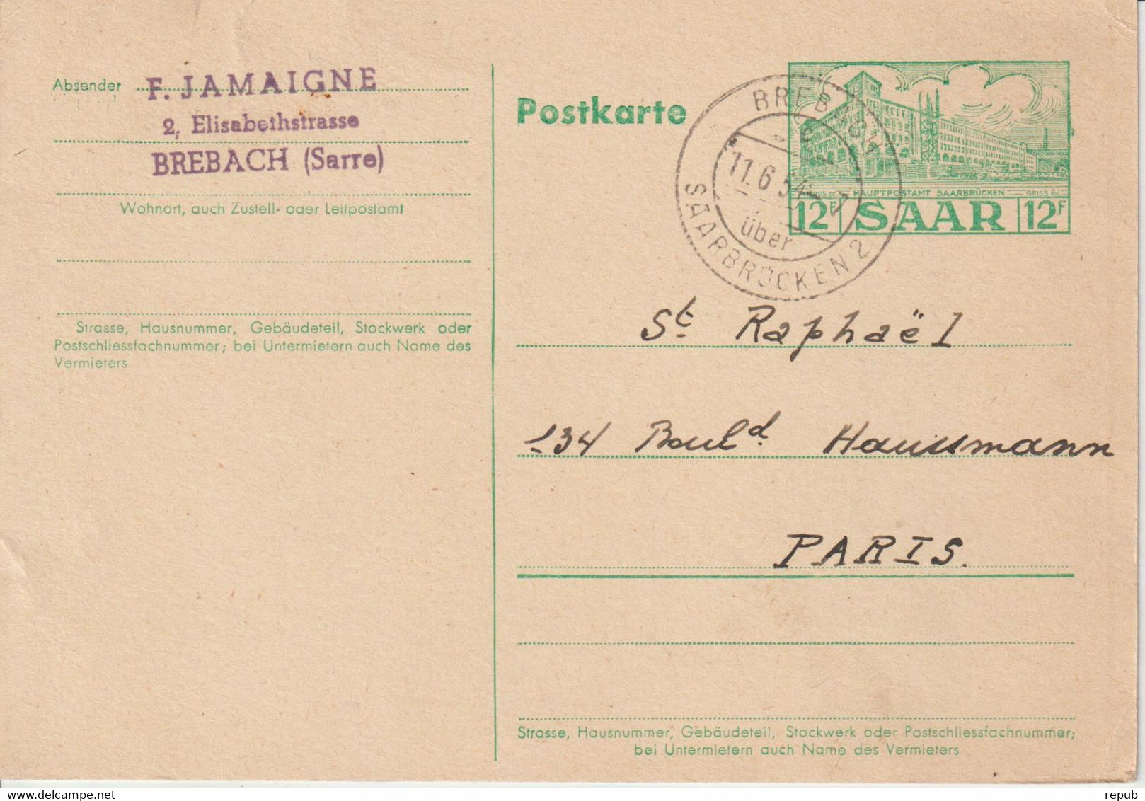 Sarre 1954 Entier Oblit Brebach Pour La France - Entiers Postaux