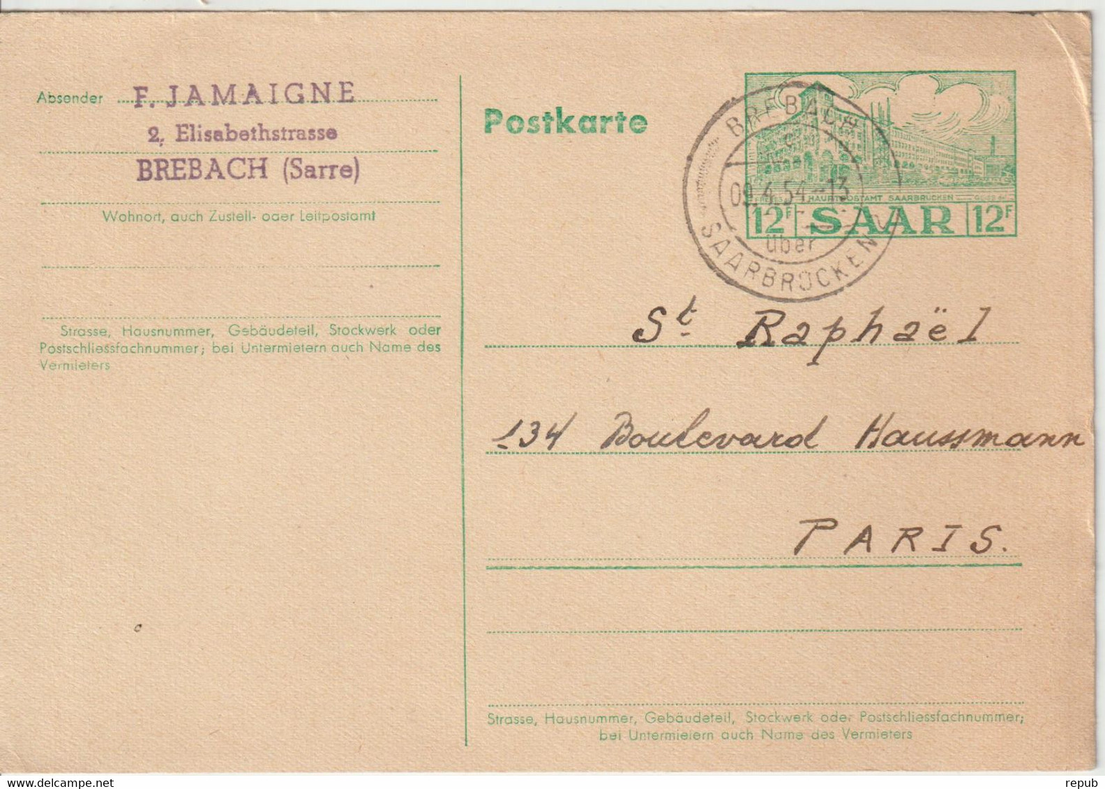 Sarre 1954 Entier Oblit Brebach Pour La France - Ganzsachen