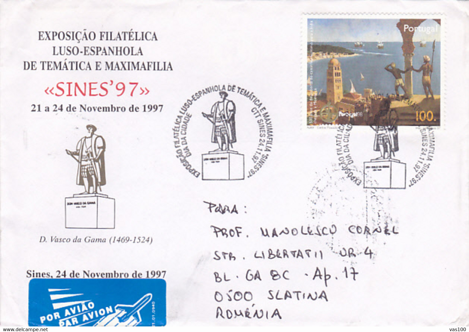 VASCO DA GAMA, MONUMENT, PHILATELIC EXHIBITION, SPECIAL COVER, 1997, PORTUGAL - Cartas & Documentos