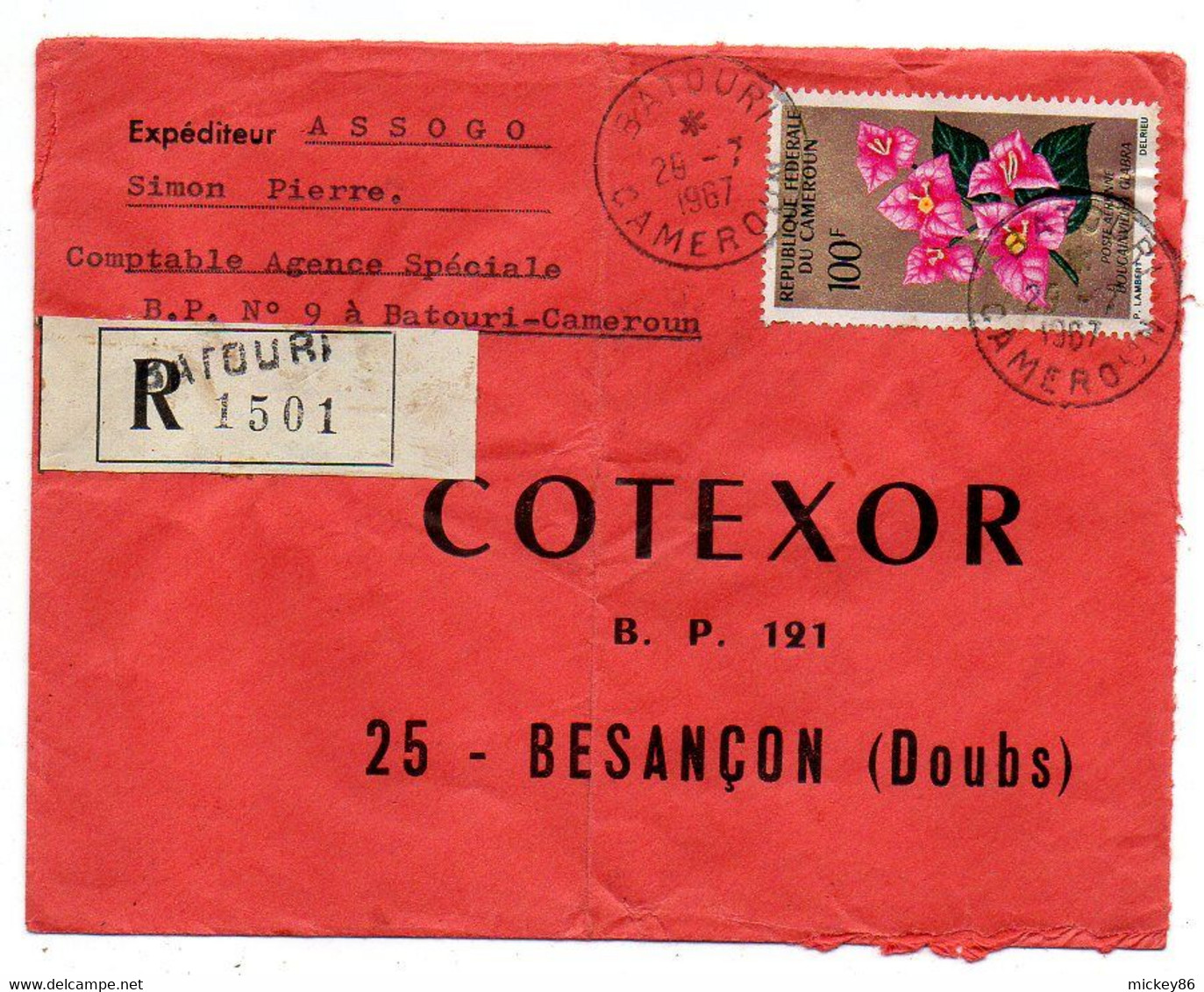 Cameroun-1967-lettre Recommandée BATOURI  Pour Besançon-25-tp Fleur (bougainvillier)   Seul Sur Lettre....cachet - Camerún (1960-...)