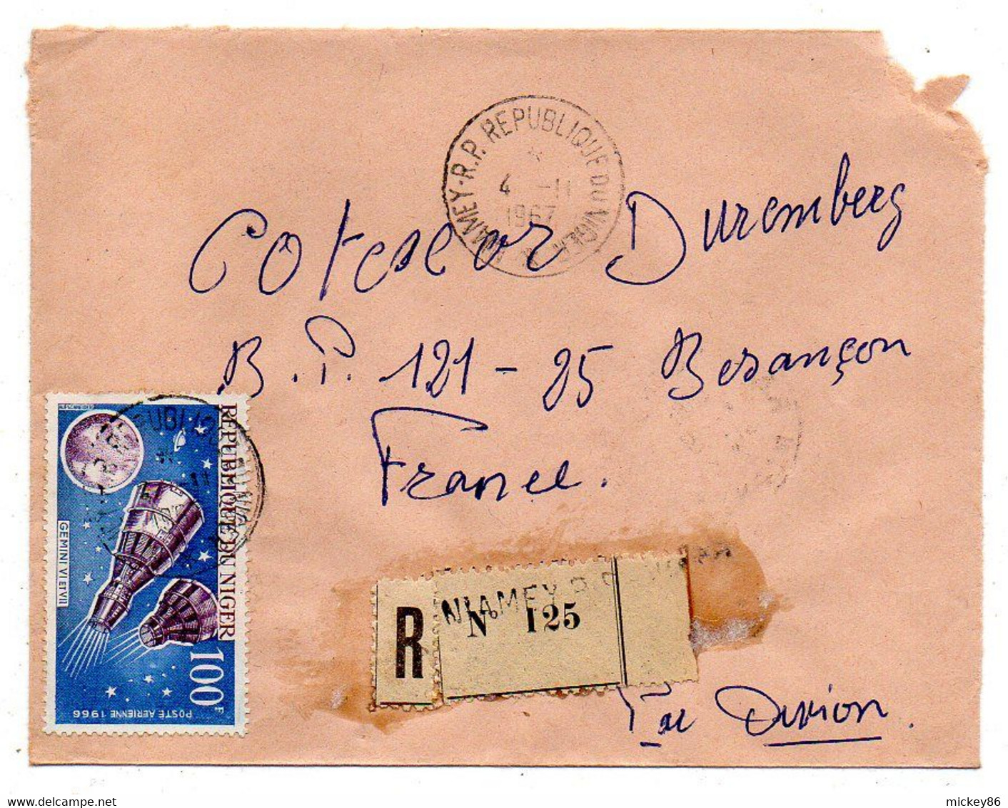 Niger-1967-lettre Recommandée NIAMEY  Pour Besançon-25-tp  GEMINI  VI Et VII  Seul   Sur Lettre....cachet - Niger (1960-...)