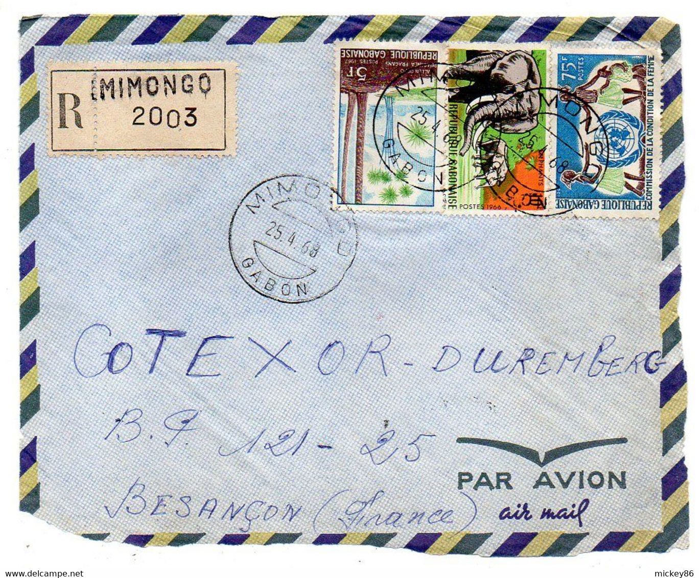 Gabon -1968 - Devant De Lettre Recommandée MIMONGO  Pour Besançon-25-tps  Divers  Sur Lettre....cachet - Gabon