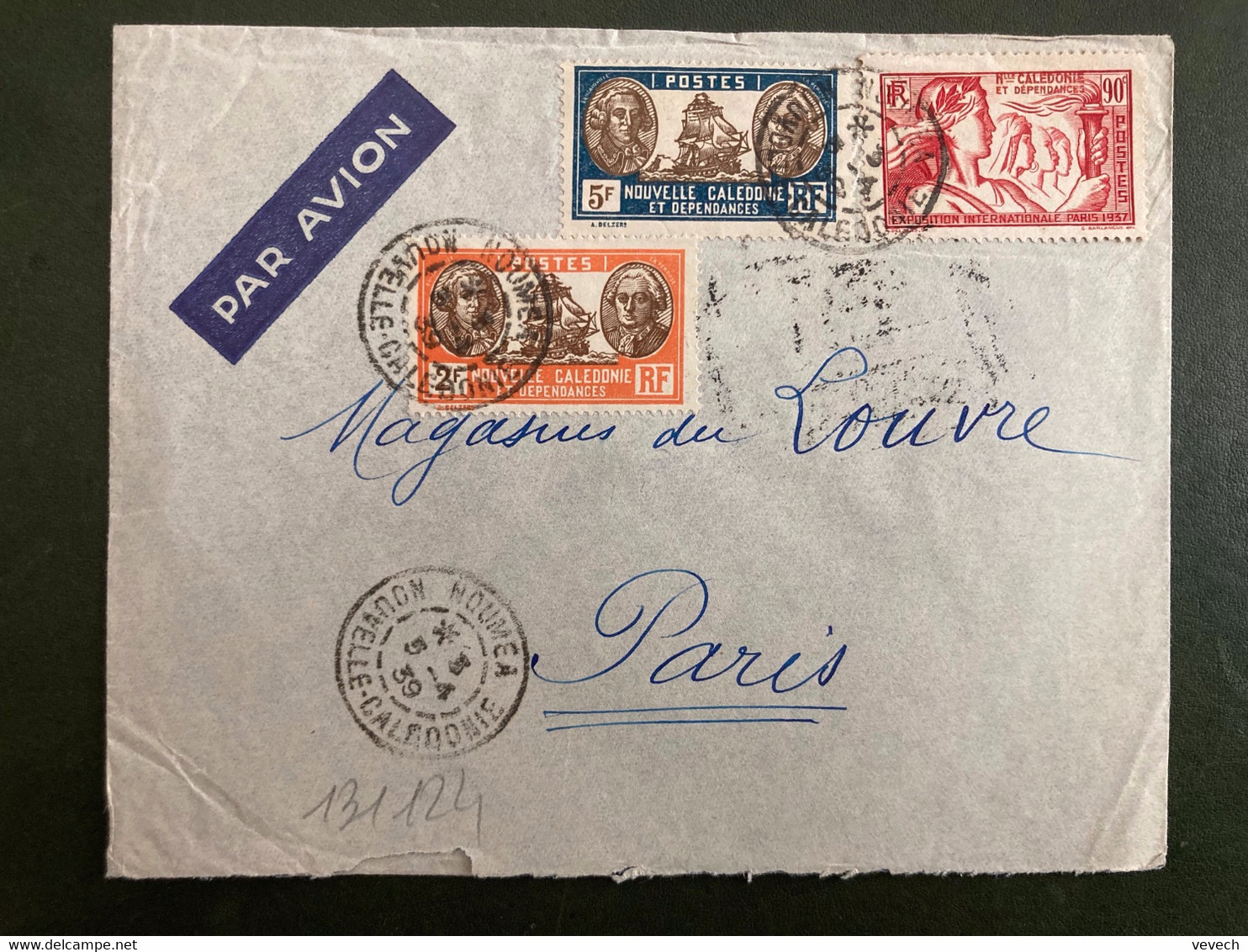 LETTRE Par Avion Pour La FRANCE TP EXPO 1937 90c + VOILIER 5F + VOILIER 2F OBL.5-4 39 NOUMEA - Covers & Documents