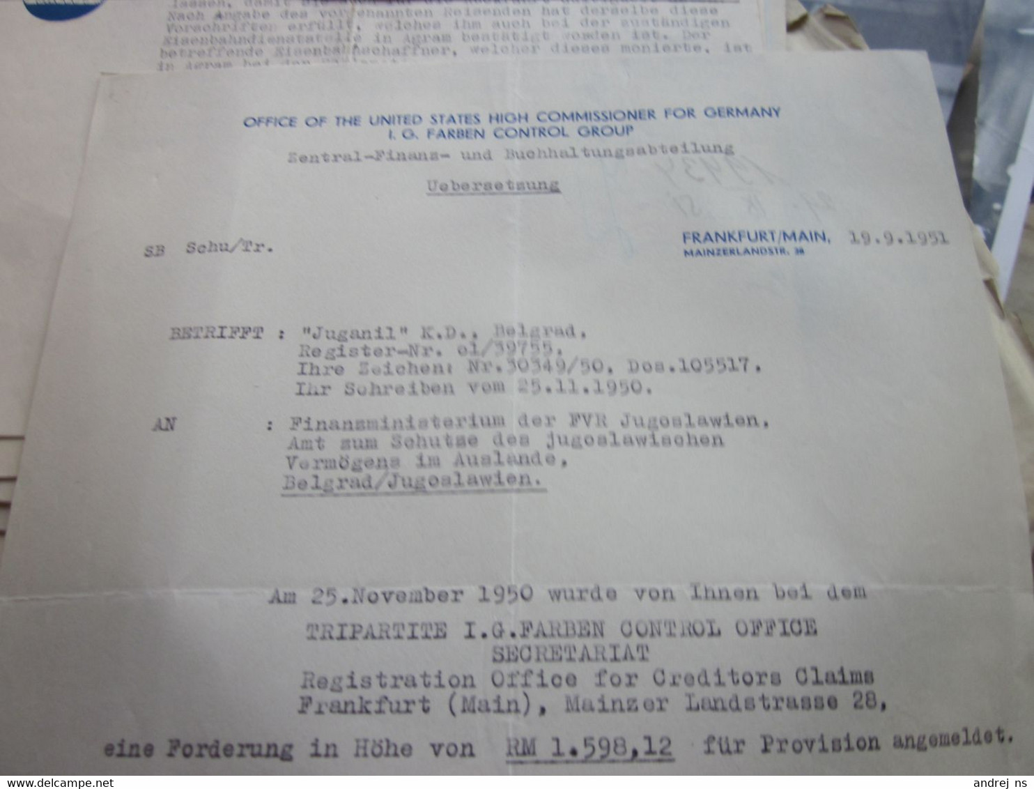 Frankfurt Main 1951 Office Of The United States High Commisioner For Germany I G Farben Control Group - 1950 - ...