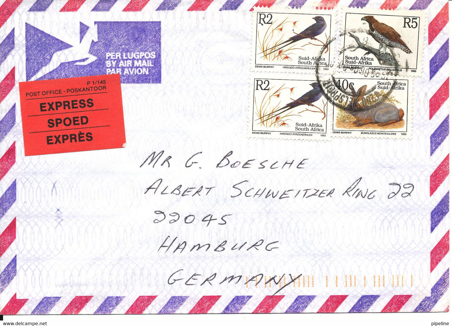 South Africa Express Air Mail Cover Sent To Germany 1996 Topic Stamps BIRDS - Posta Aerea