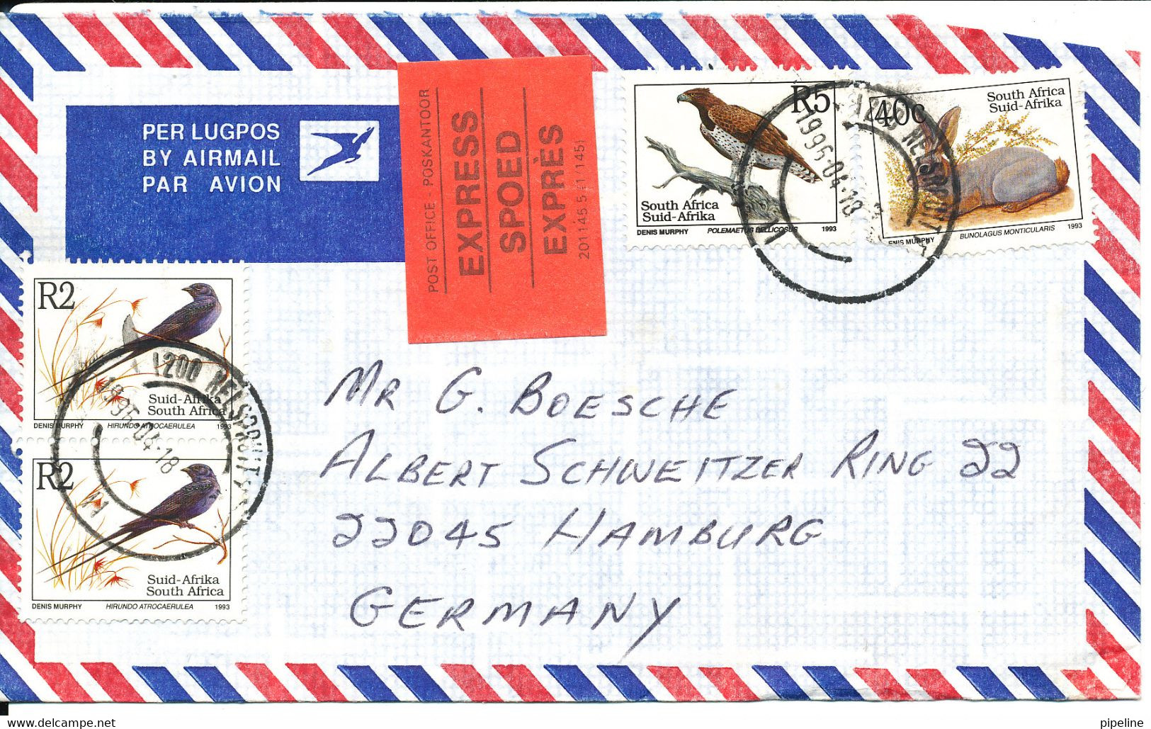 South Africa Express Air Mail Cover Sent To Germany 13-4-1996 Topic Stamps BIRDS - Posta Aerea