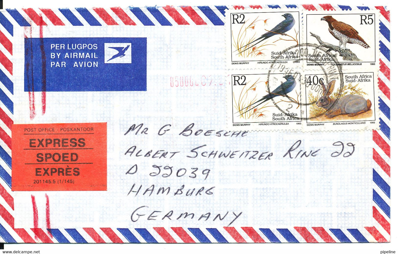 South Africa Express Air Mail Cover Sent To Germany 30-4-1996 Topic Stamps BIRDS - Posta Aerea