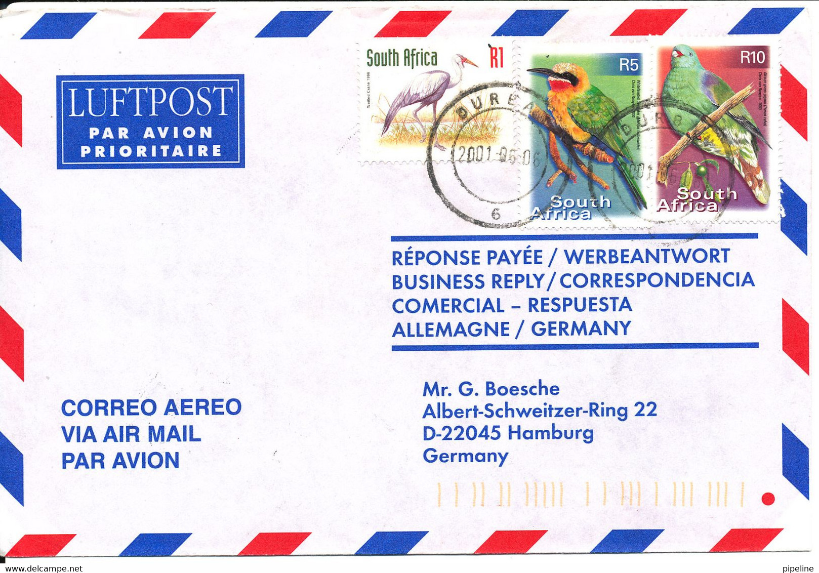 South Africa Registered Air Mail Cover Sent To Germany 6-6-2001 Topic Stamps BIRDS - Posta Aerea