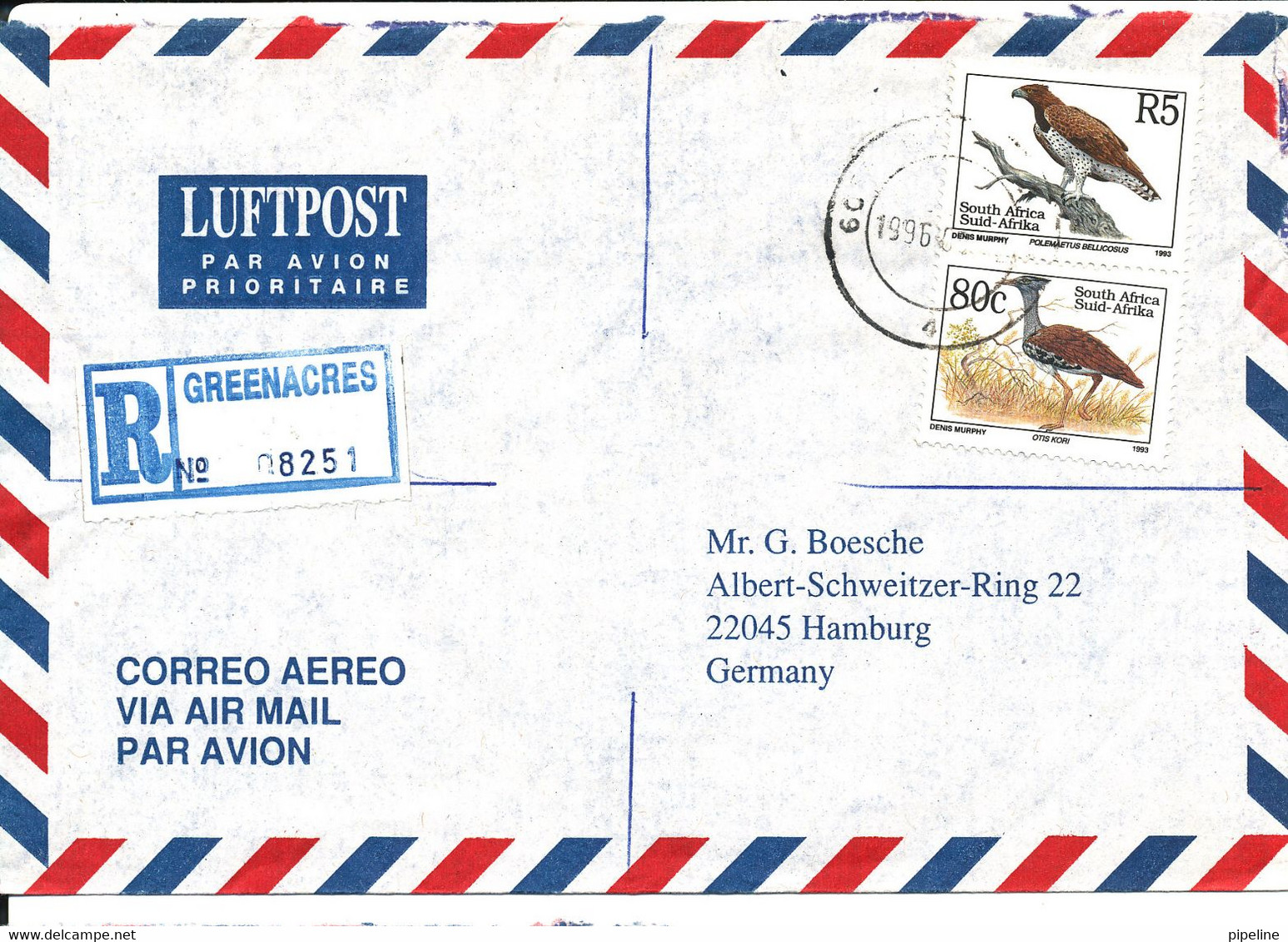 South Africa Registered Air Mail Cover Sent To Germany 1996 Topic Stamps BIRDS - Poste Aérienne