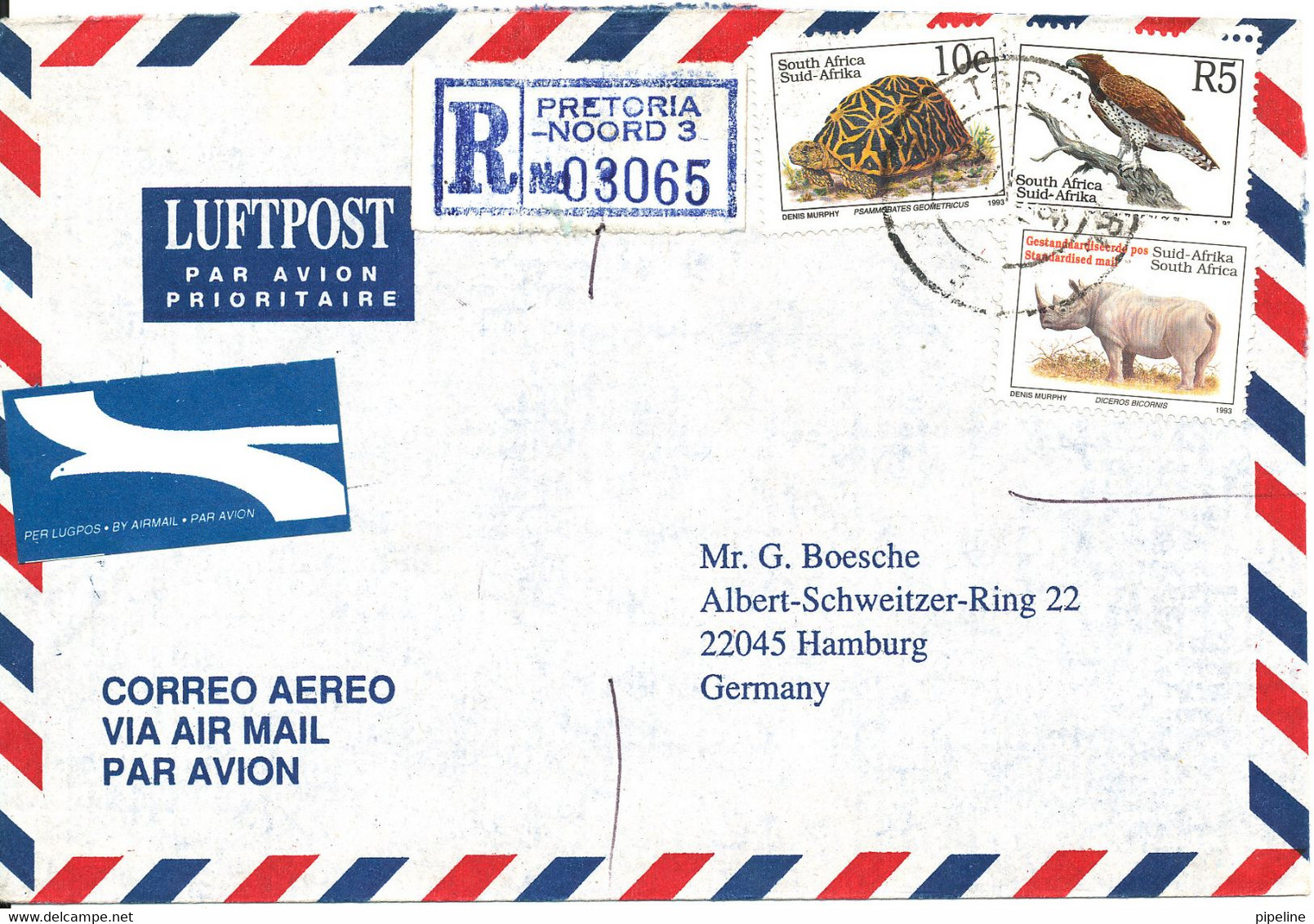 South Africa Registered Air Mail Cover Sent To Germany 23-9-1996 Topic Stamp BIRD - Poste Aérienne