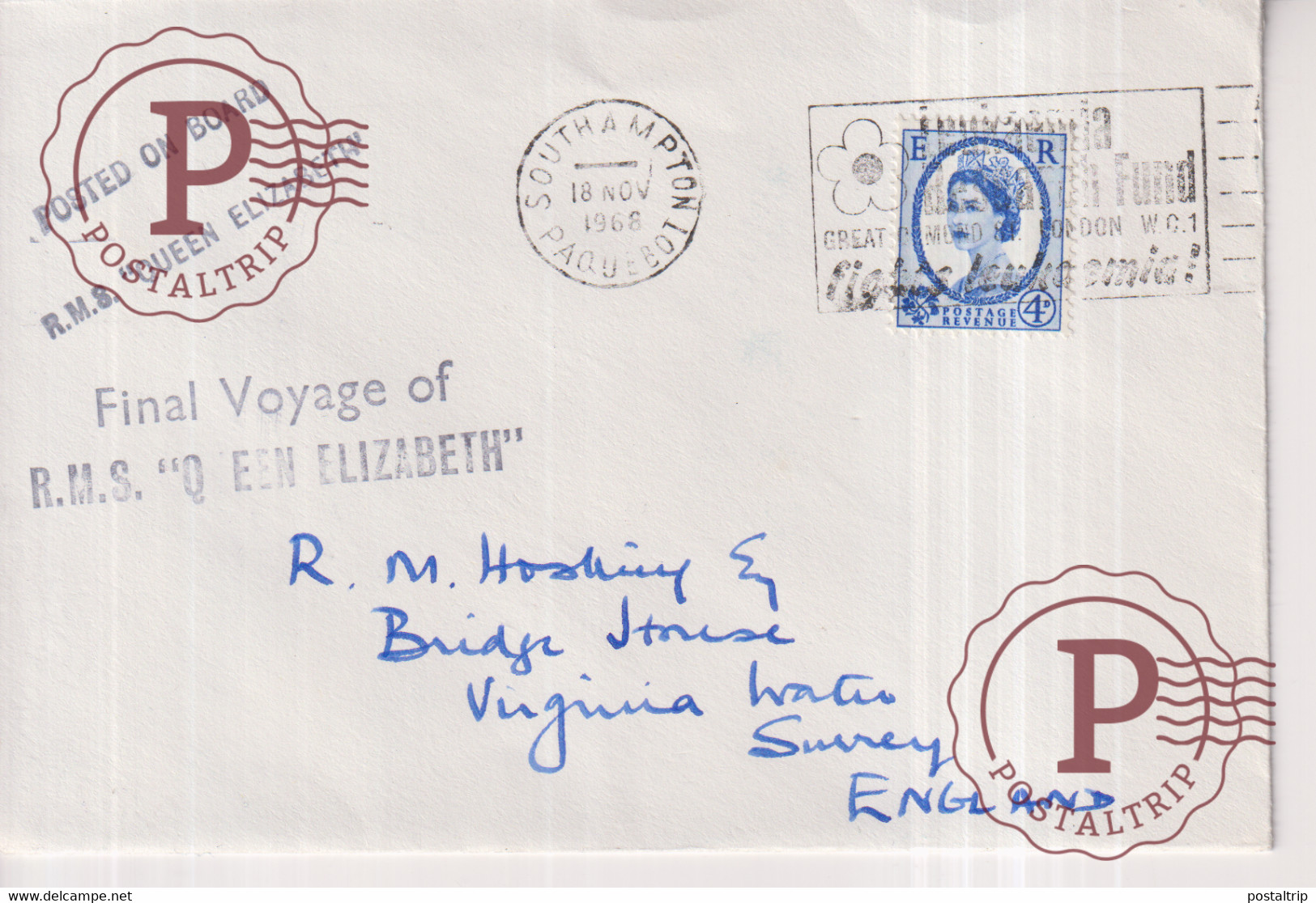 QUEen Elizabeth Final Voyage Posted On Board 1968     +-14*9.5cm - Bateaux