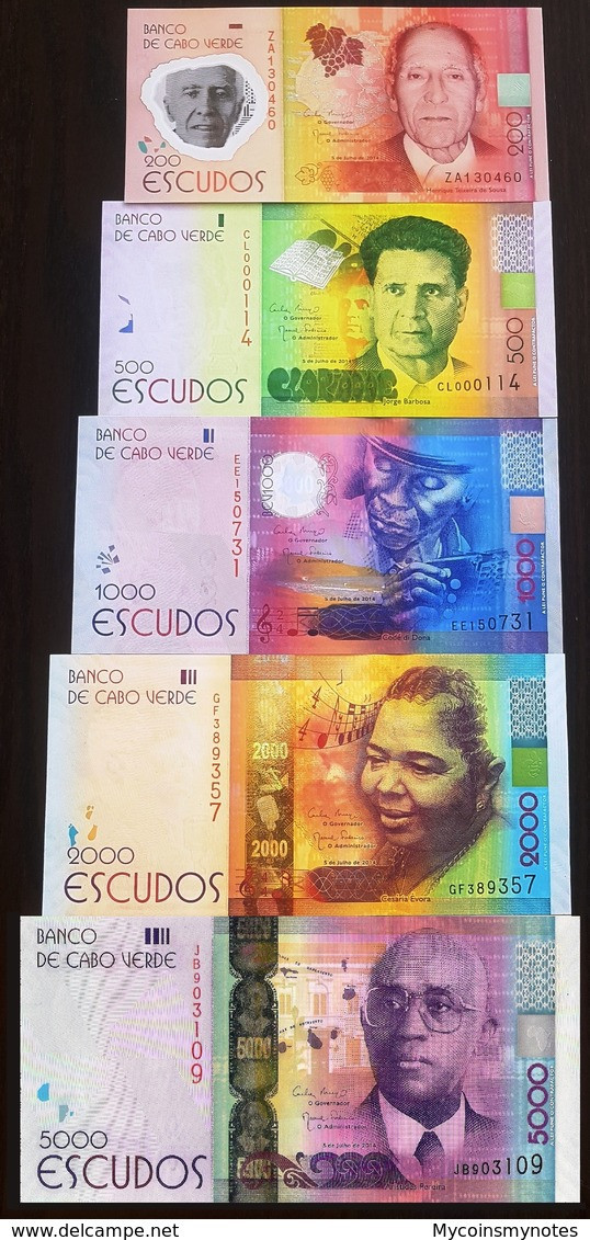 Cape (Cabo) Verde Complete Set Of Escudos, 200, 500, 1000, 2000, 5000, 2014, UNC - Cape Verde